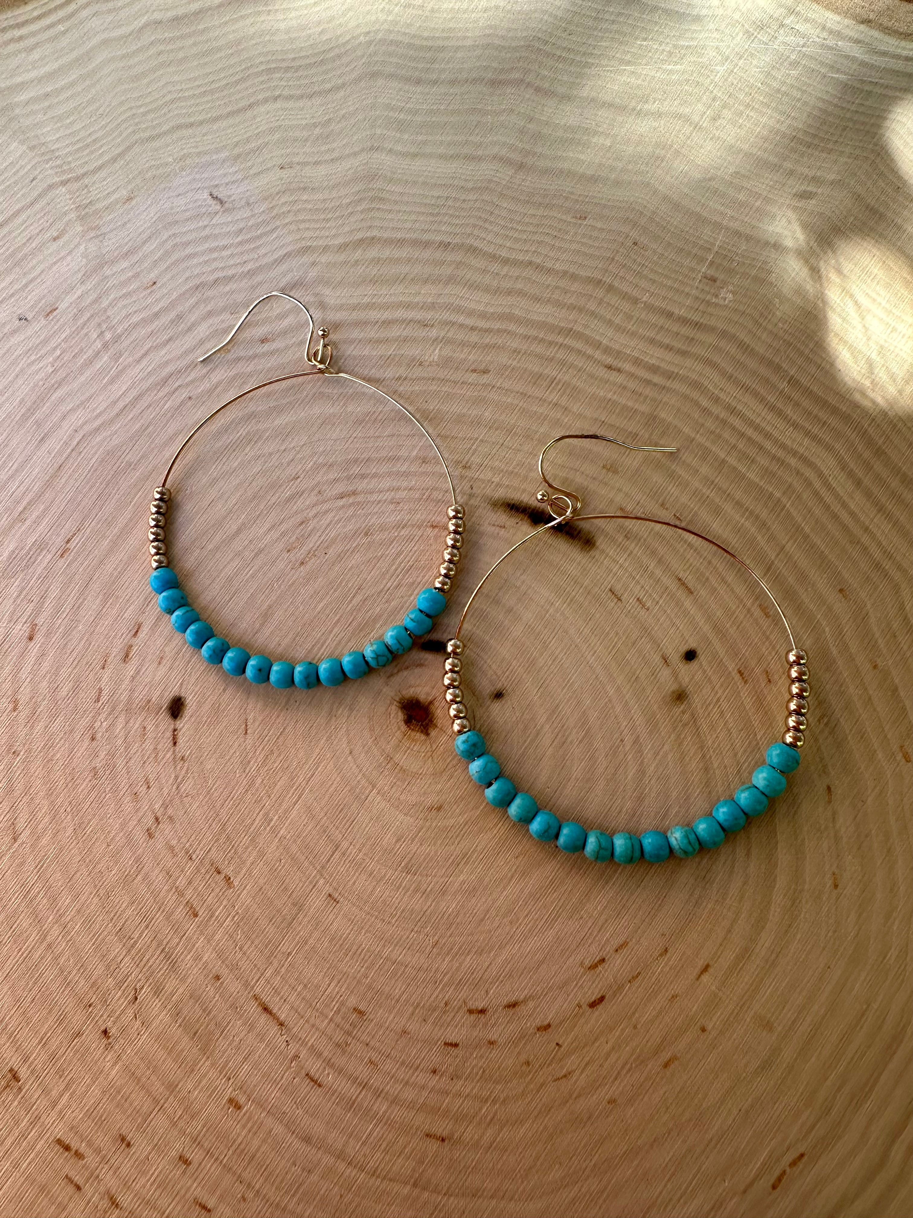 “The Golden Collection” Summer Hoop Handmade Turquoise Beaded & 14k Gold Plated Hoop Earrings