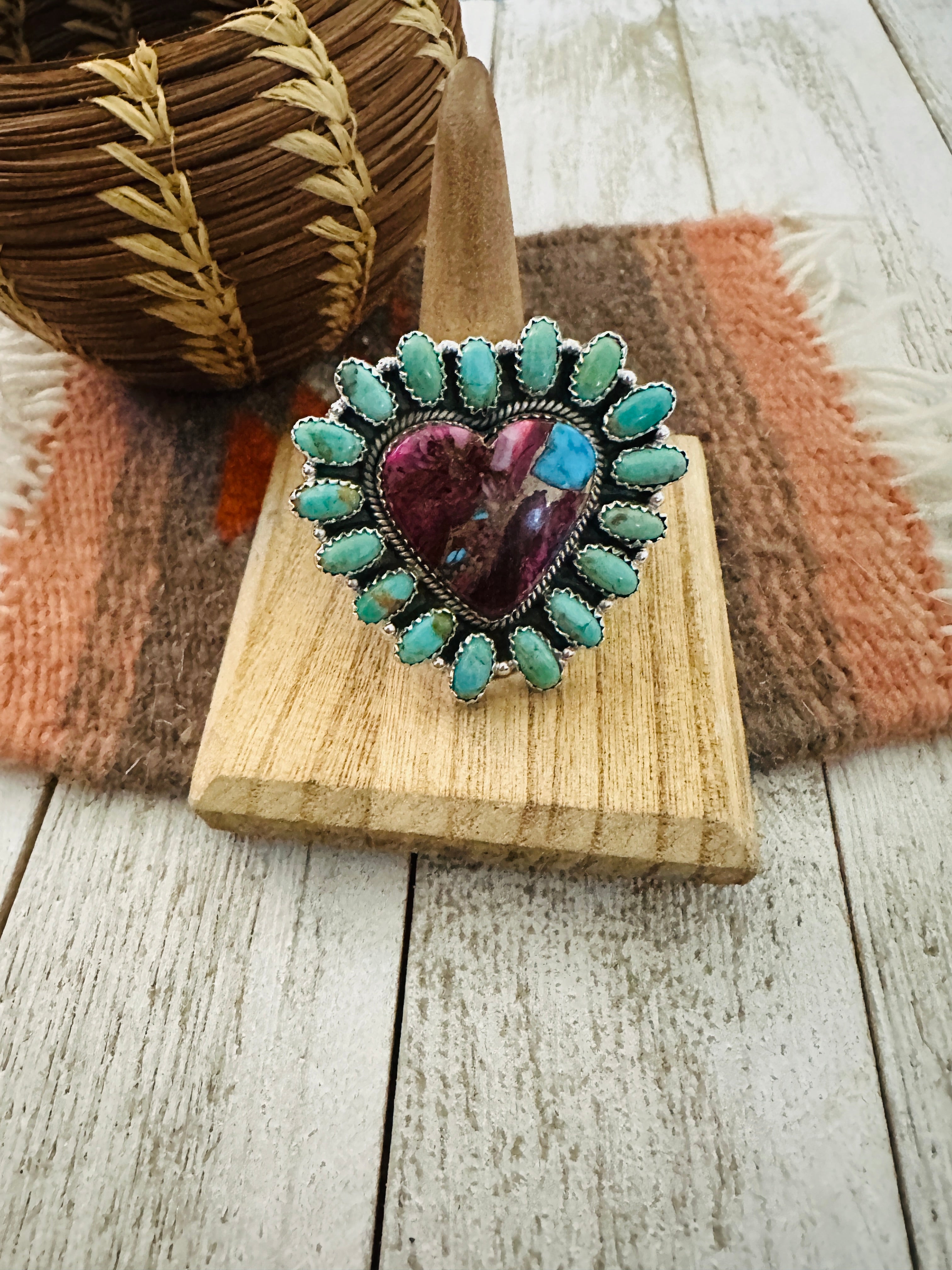 Handmade Sterling Silver, Pink Dream & Turquoise Cluster Adjustable Heart Ring by Nizhoni