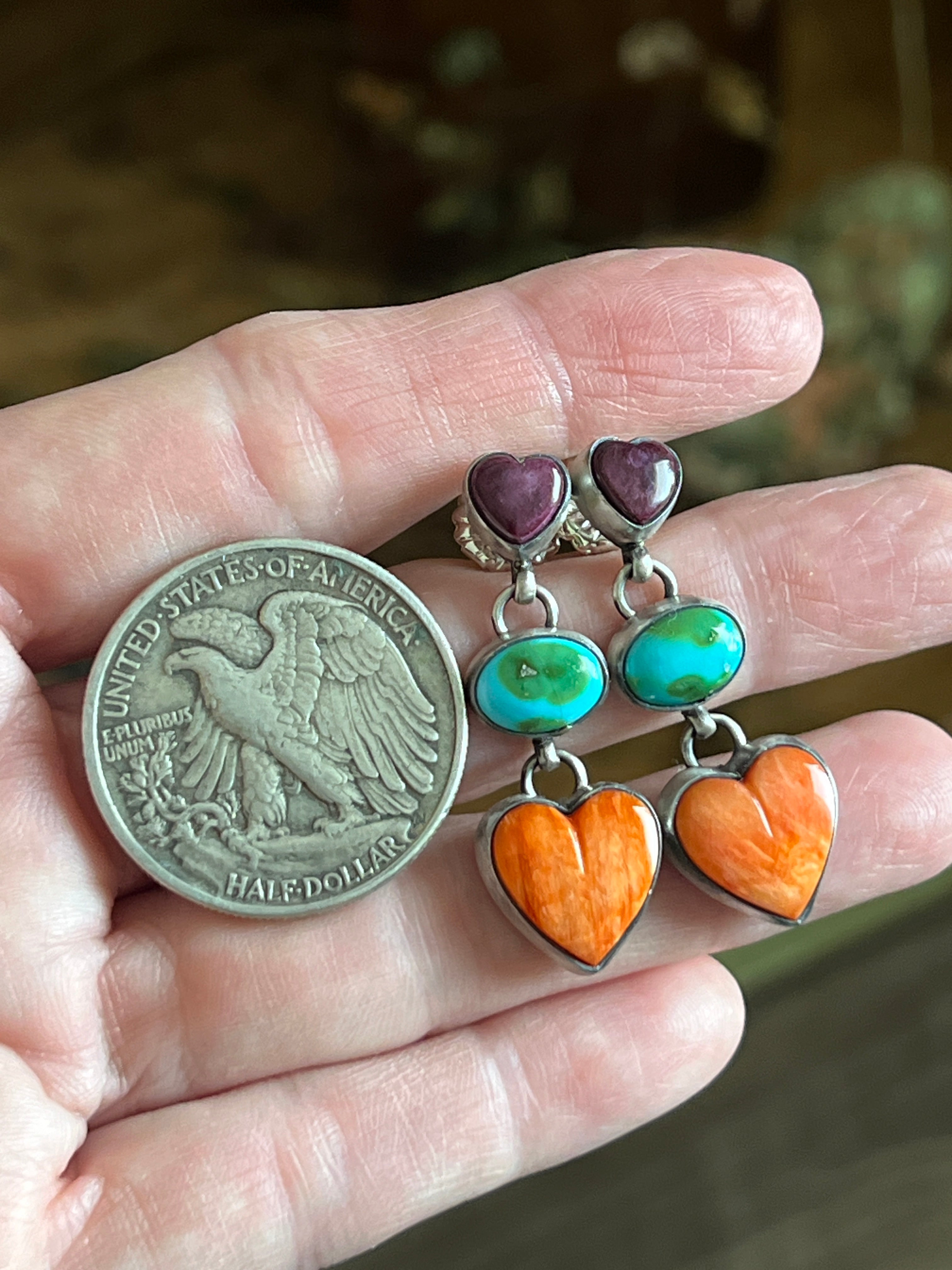 Vibrant Handcrafted Electric Rainbow Sterling Silver, Sonoran Turquoise and Spiny Oyster Shell Heart Post Earrings by Lucy Jake
