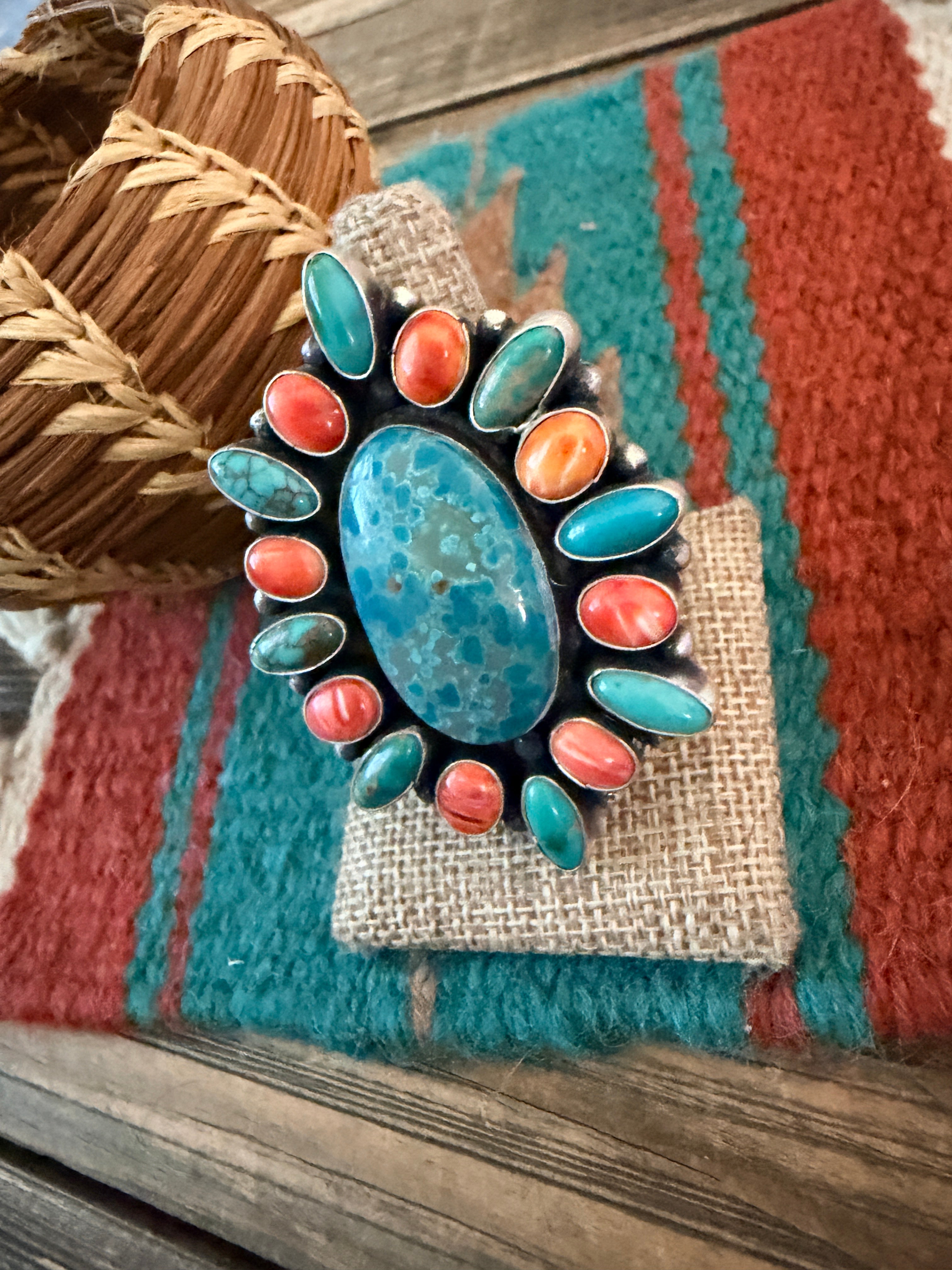 Handcrafted Spiny Oyster, Turquoise & Sterling Silver Cluster Ring by Sheila Becenti Size 11