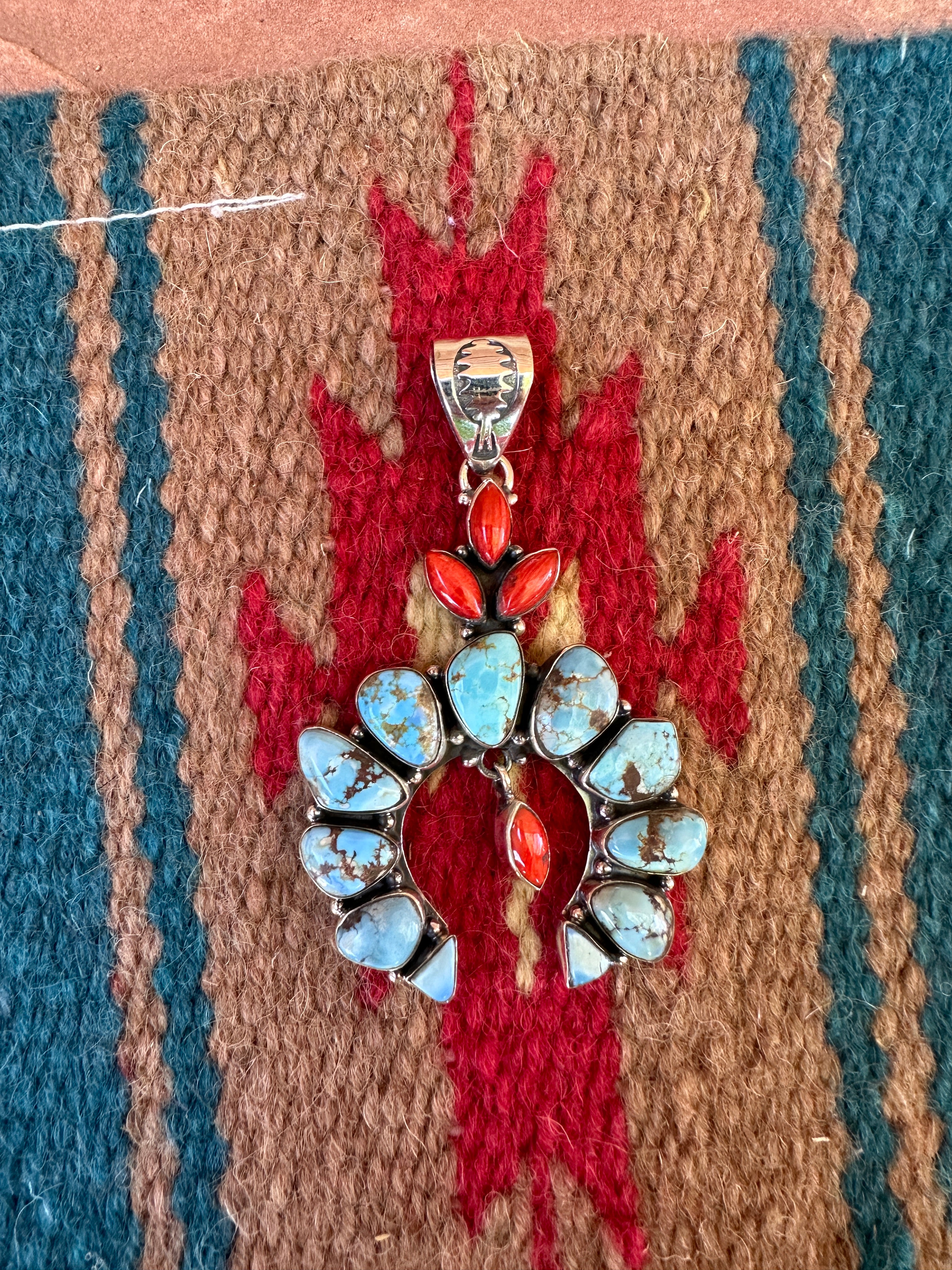 Beautiful Handmade Sterling Silver, Coral & Golden Hills Turquoise Naja Pendant