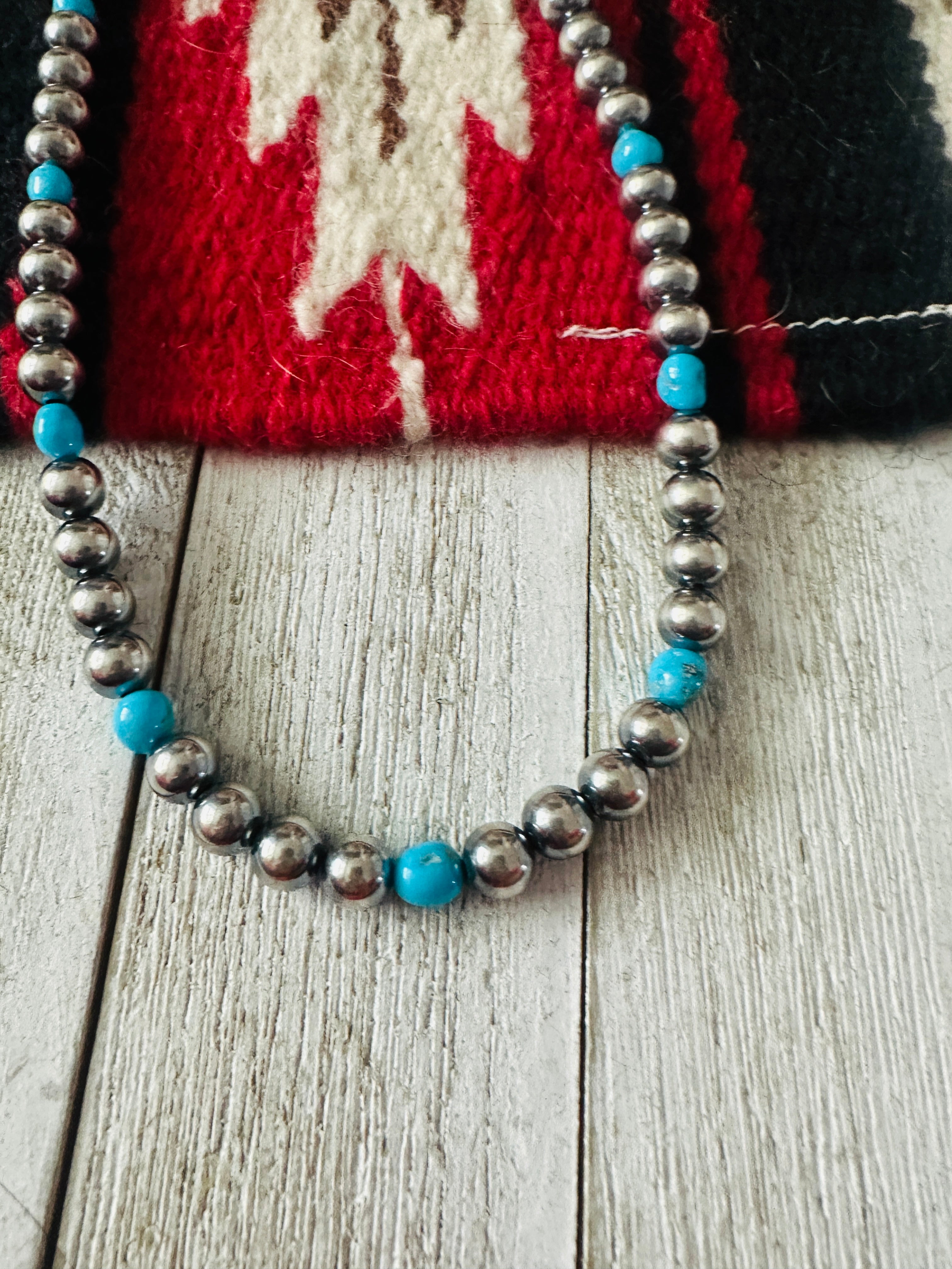 Navajo Sleeping Beauty Turquoise & Sterling Silver 18” Beaded Necklace