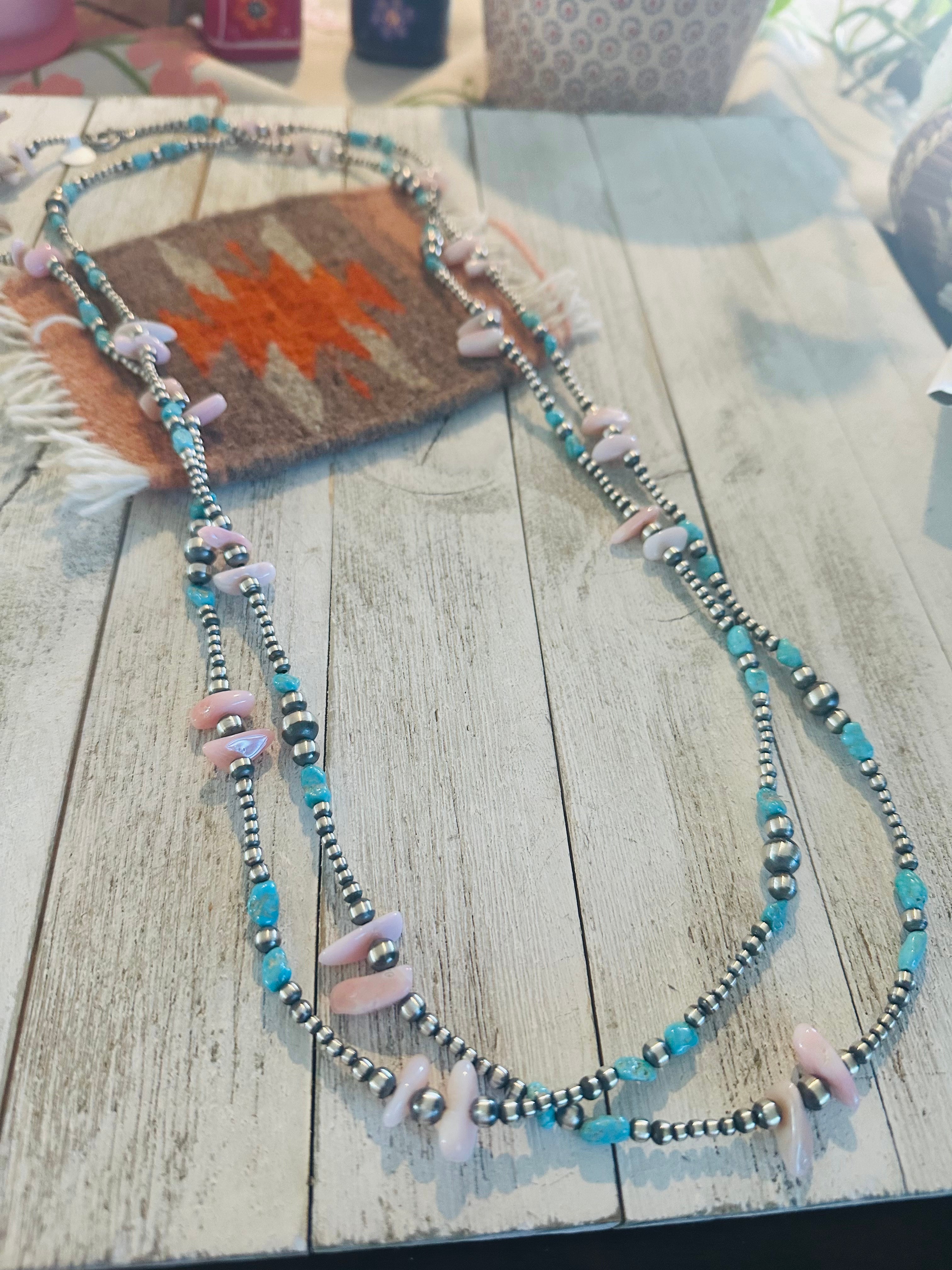 Navajo Sterling Silver Pearl, Turquoise & Queen Pink Conch Beaded Necklace 72”