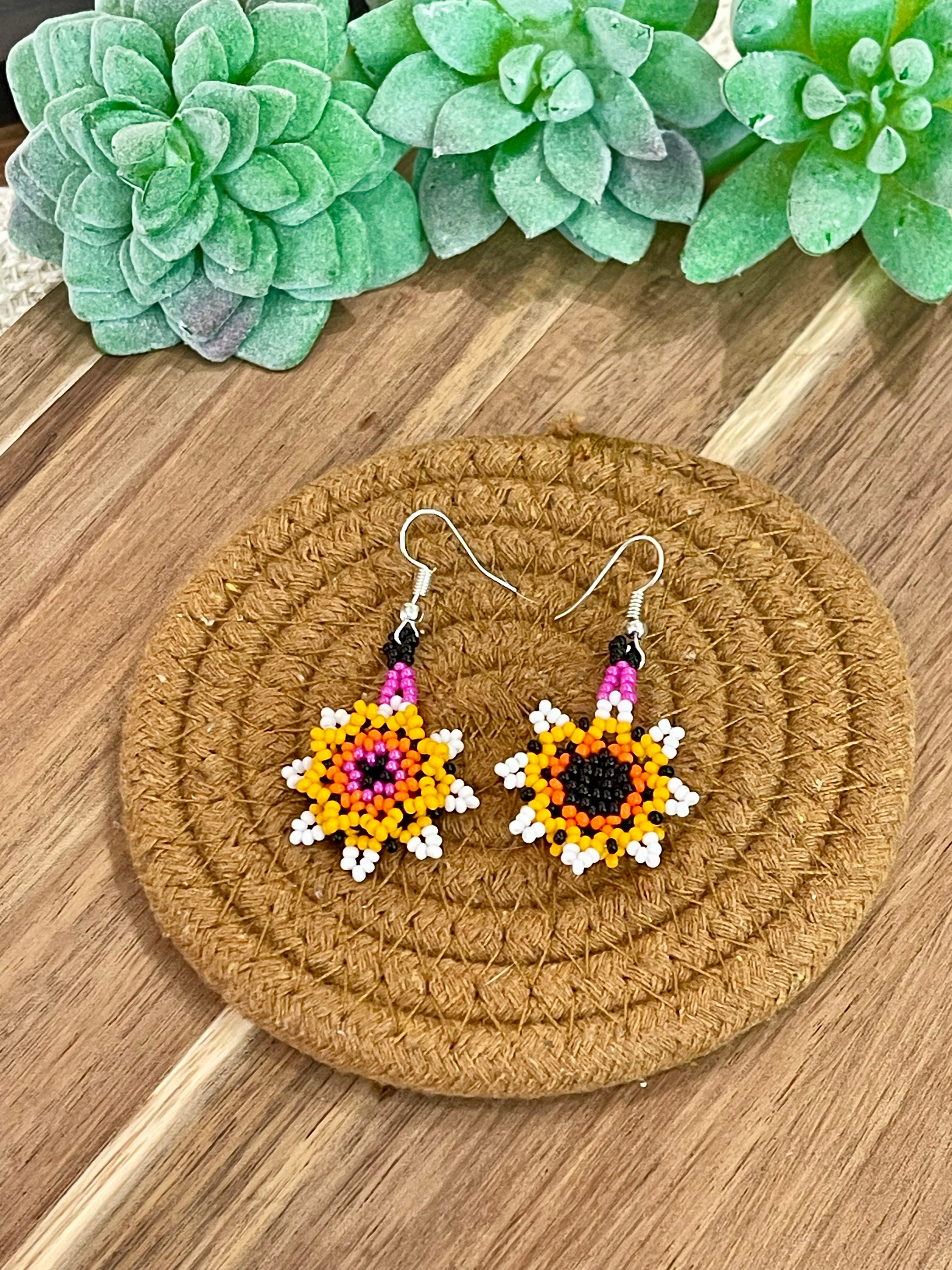 Handmade In Mexico Sterling Silver  , Multi Color Dangle Beaded Earrings