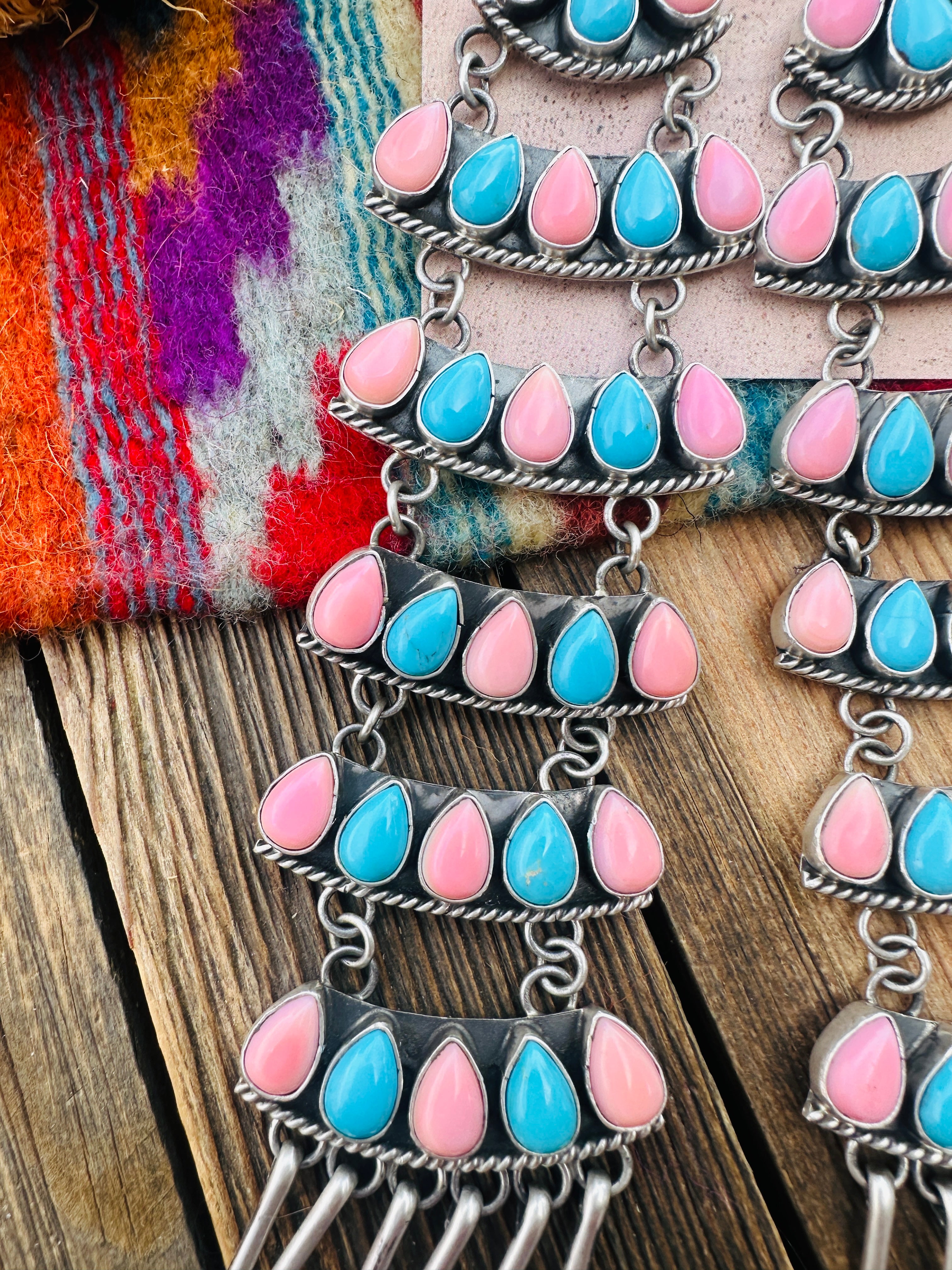 Handcrafted Turquoise, Pink Conch & Sterling Silver Chandelier Dangle Earrings by Charles Johnson