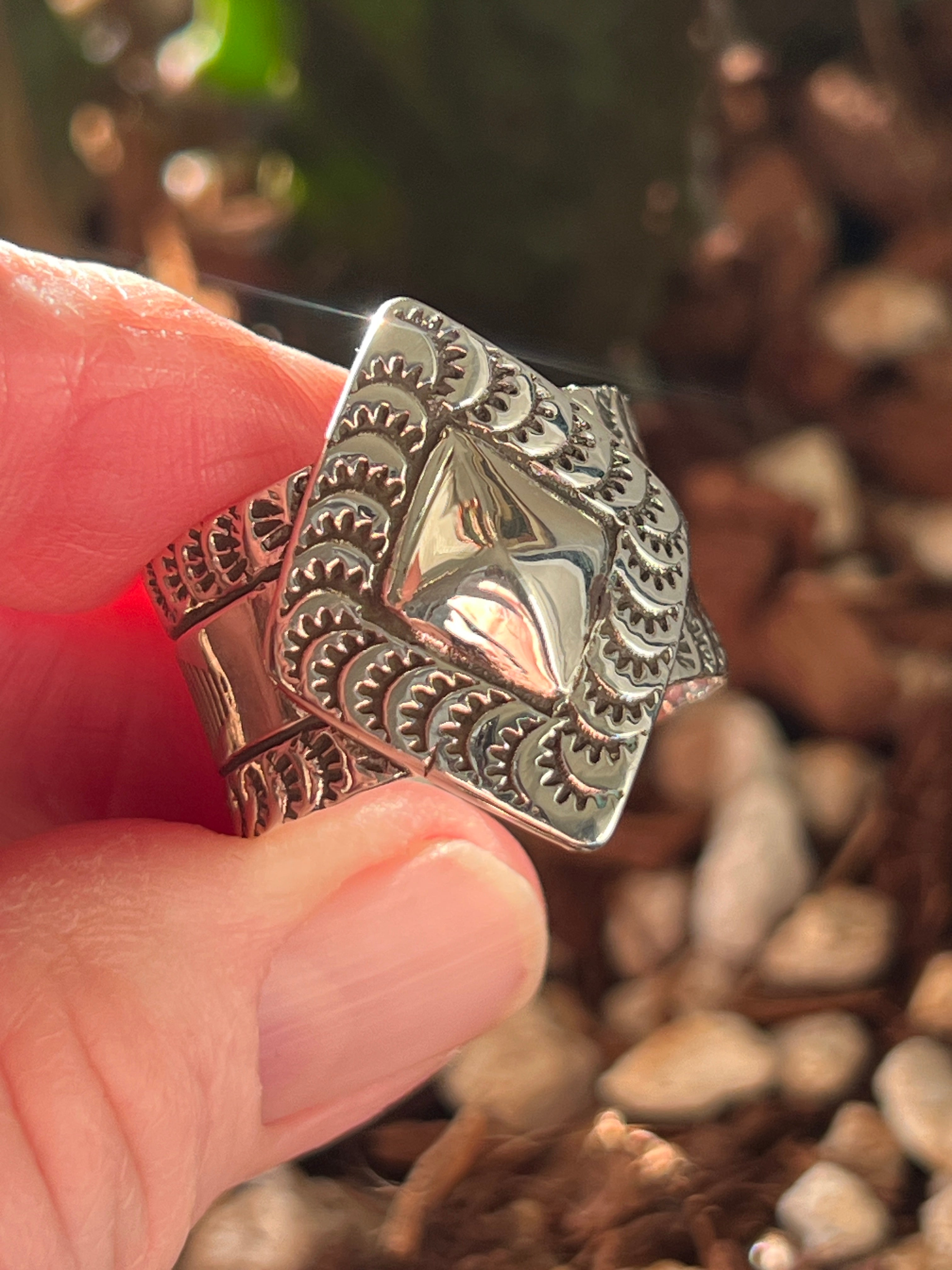 Handcrafted Hand Stamped Sterling Silver Diamond Motif Wide Shank Ring by Shaun Rogers, Size 11.5