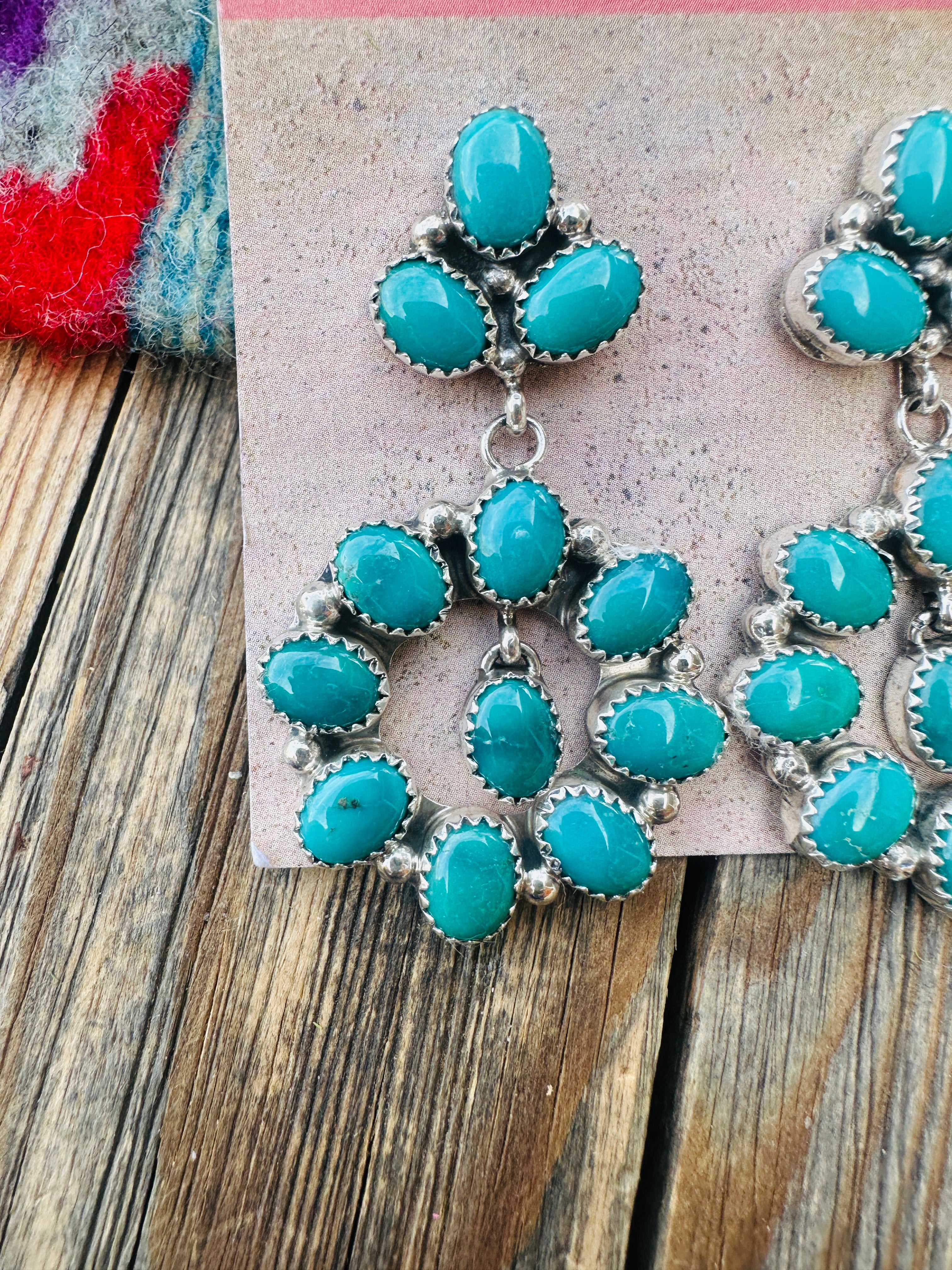 Handcrafted Emerald Valley Turquoise & Sterling Silver Cluster Dangle Earrings