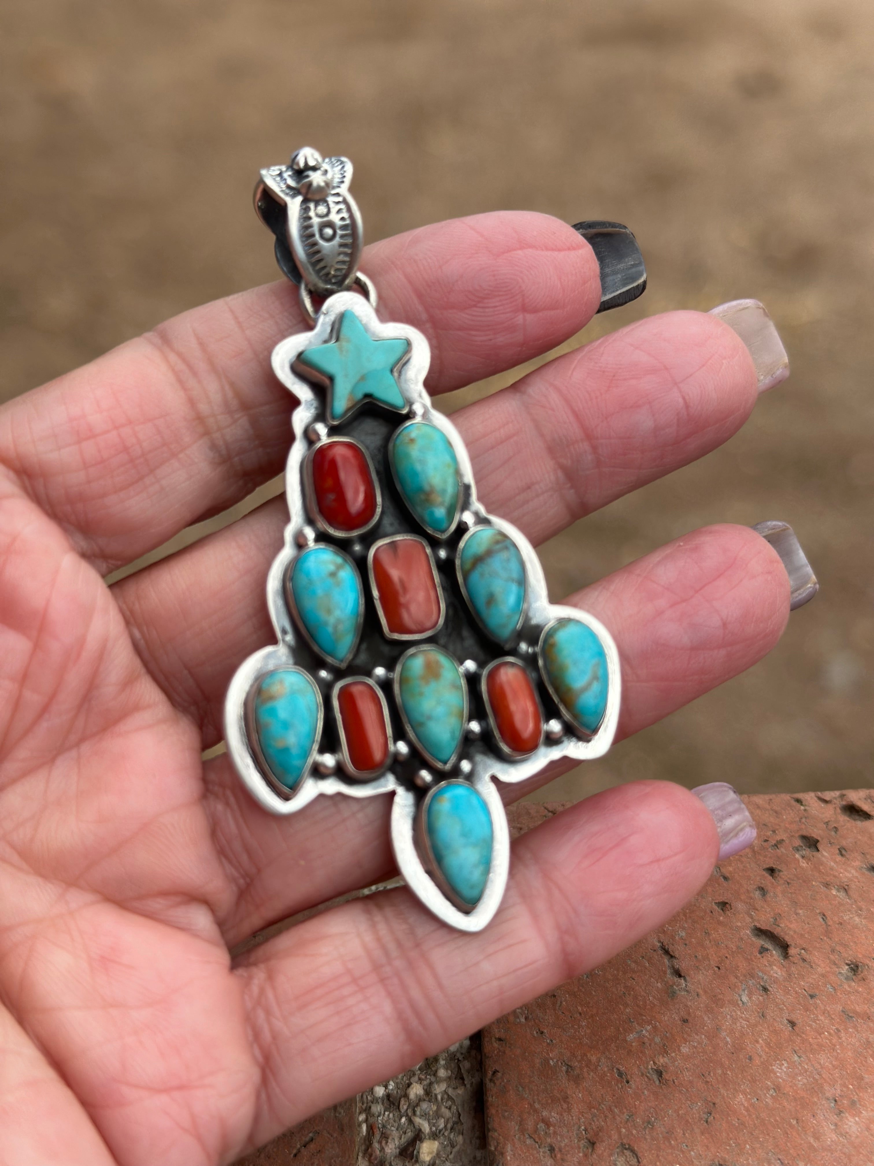 Handmade Sterling Silver, Coral & Turquoise Christmas Tree Pendant