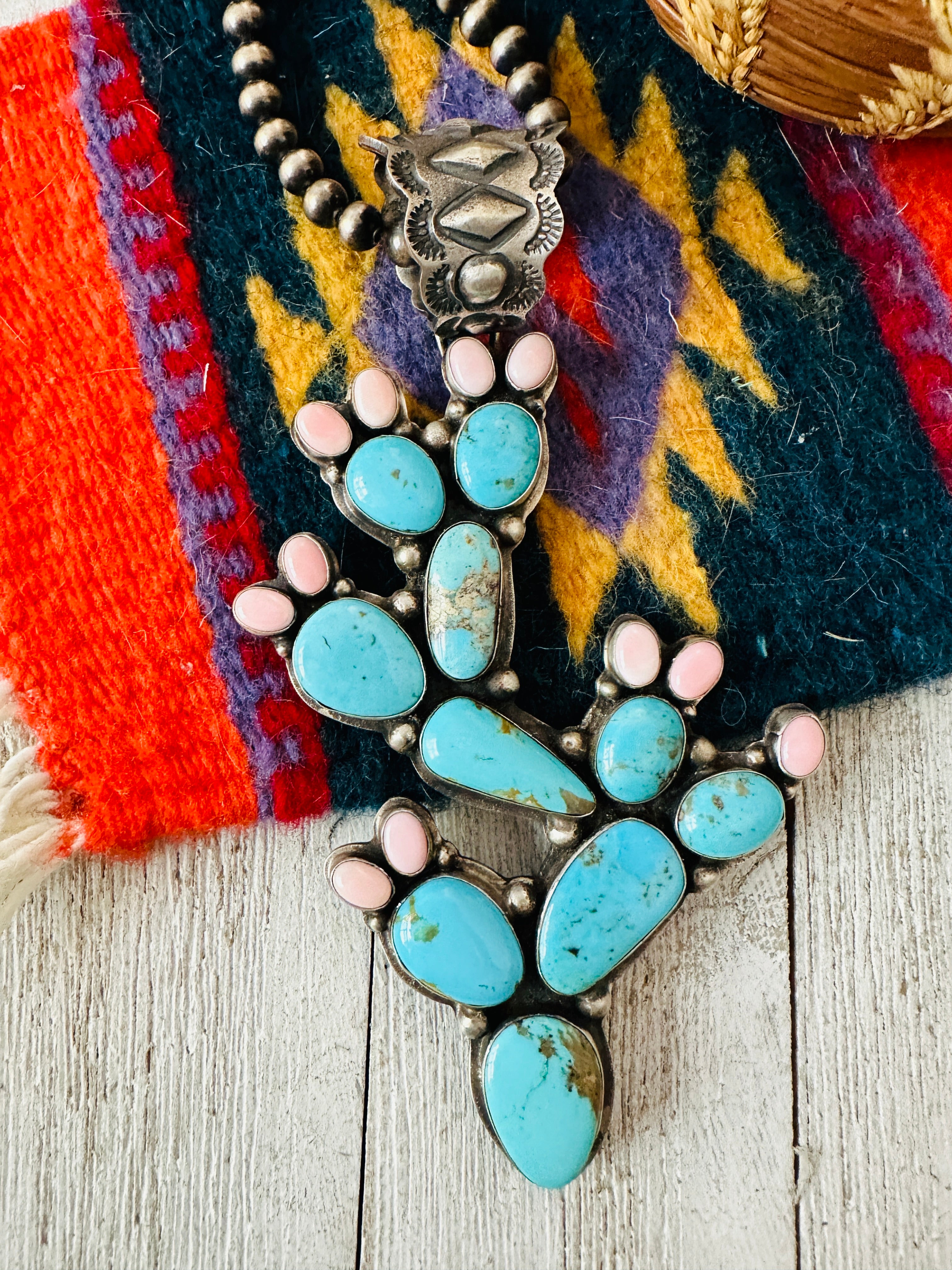 Navajo Turquoise, Queen Pink and Sterling Silver Cactus Pendant