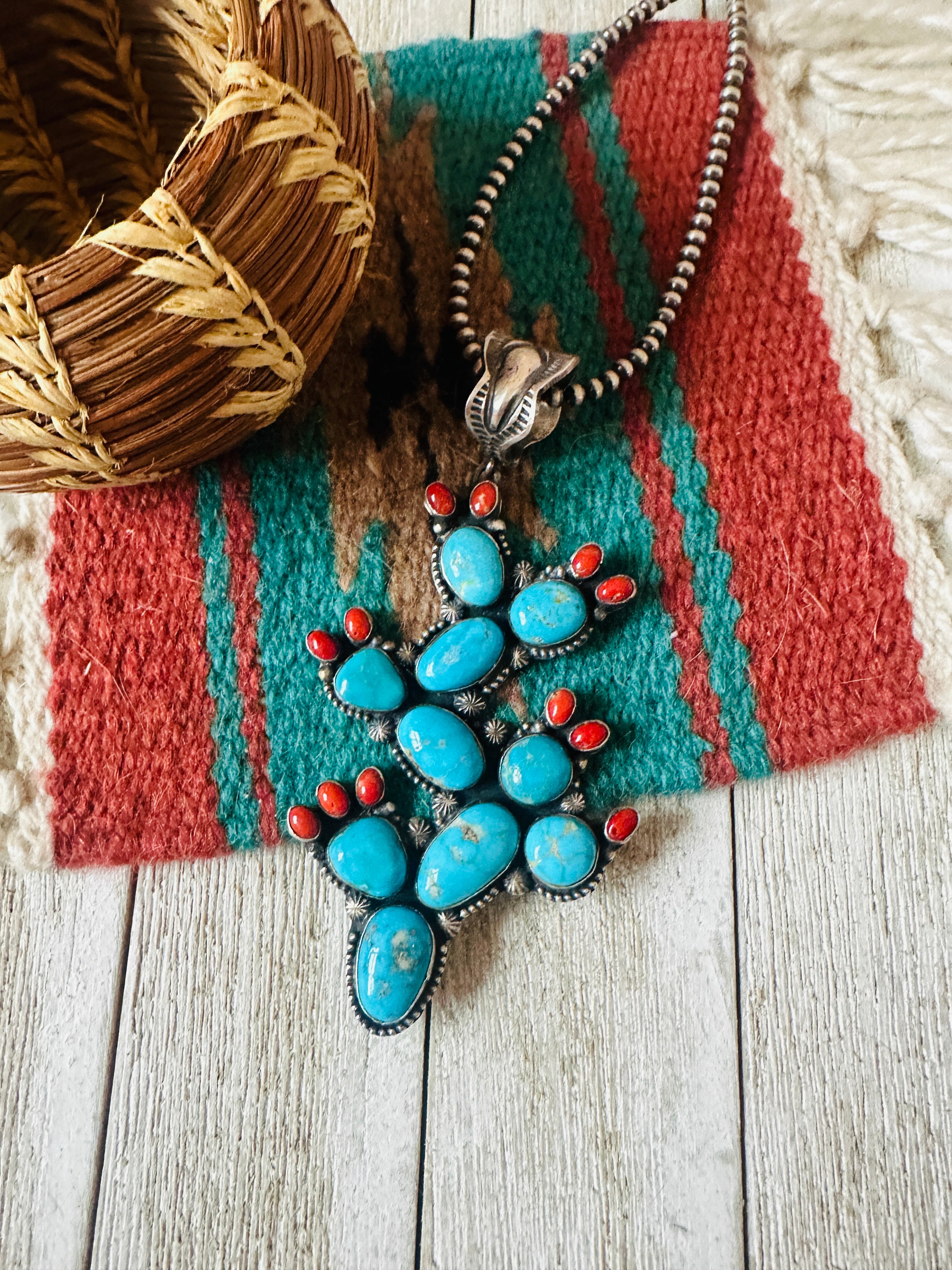 Handcrafted Sterling Silver, Turquoise & Coral Cactus Pendant by Shawn Cayatineto