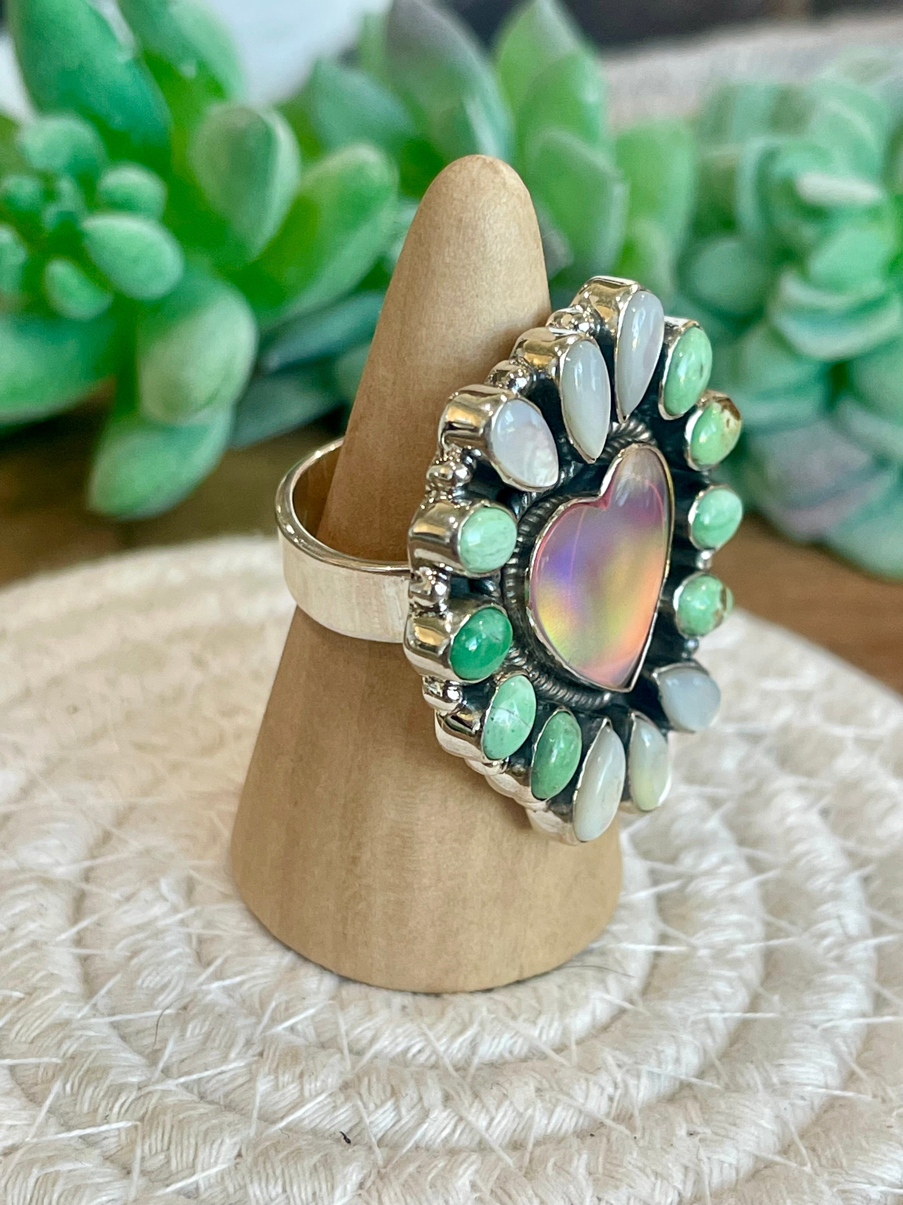 Handmade Opal, Mother Of Pearl, Turquoise And Sterling Silver Adjustable Ring Signed Nizhoni