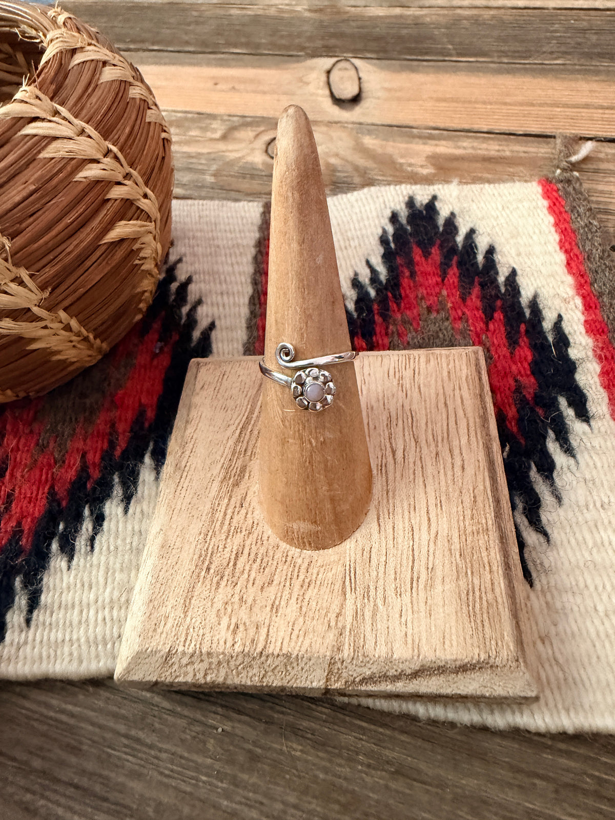 Handmade Sterling Silver & Pink Opal Flower Adjustable Ring