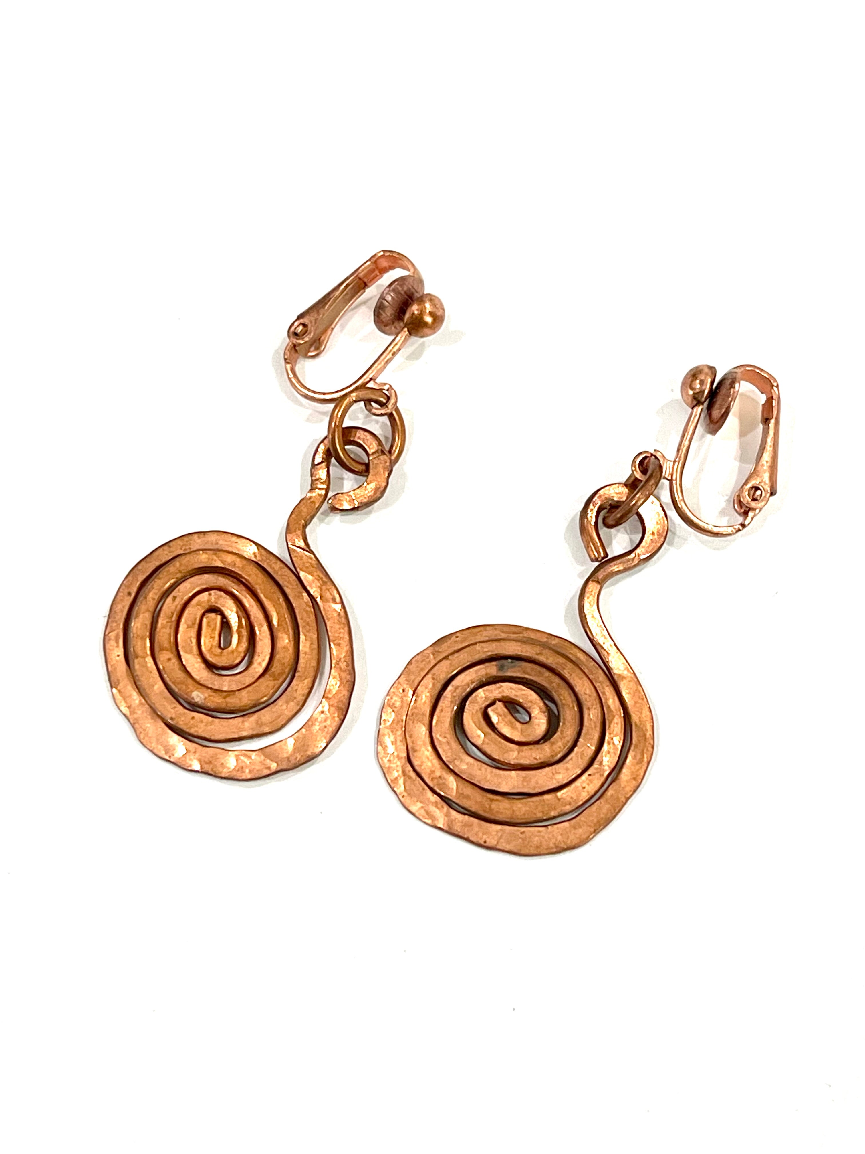 Vintage Handmade Copper Dangle Swirl Clip On Earrings