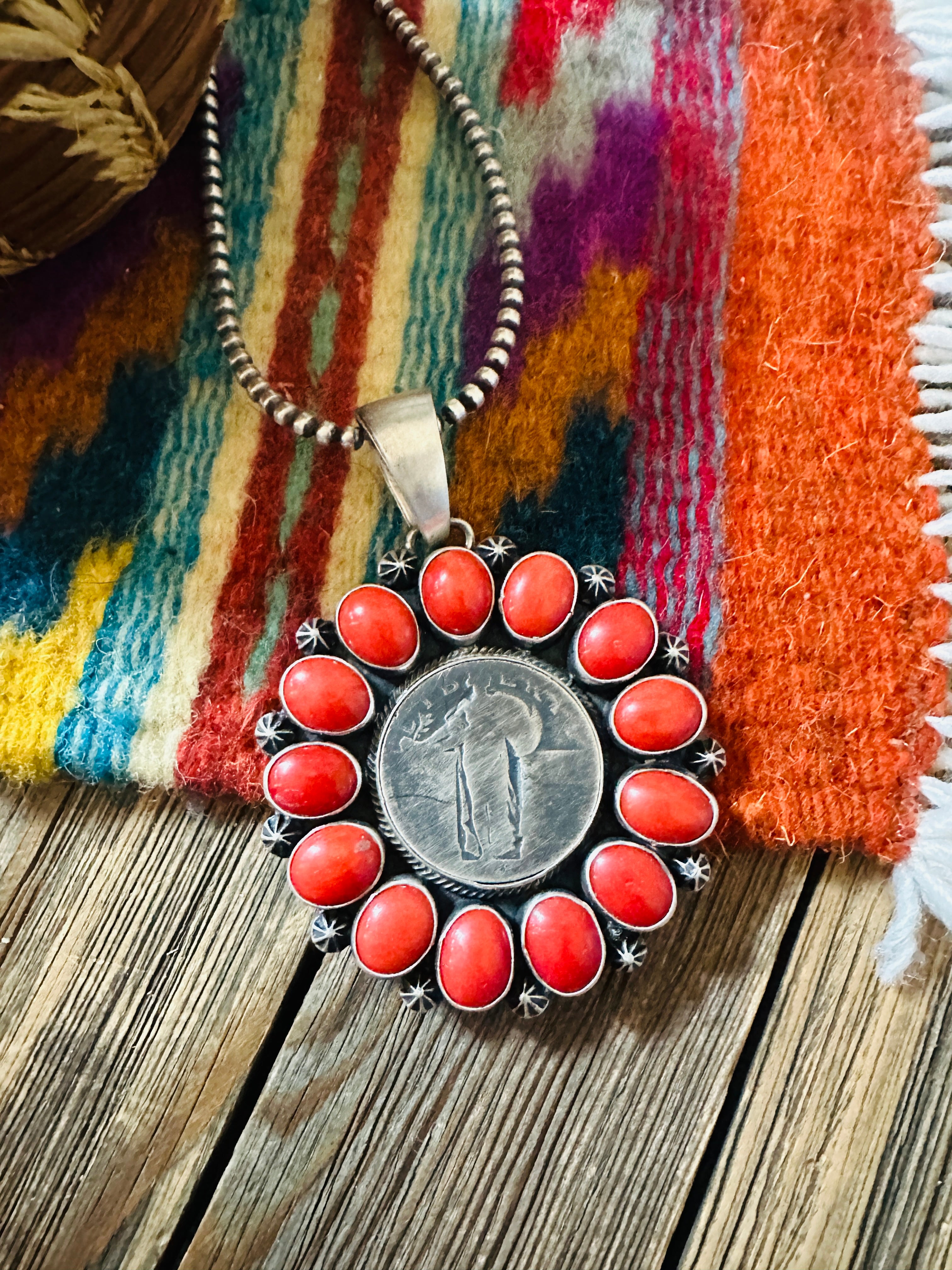 Handcrafted Sterling Silver and Coral Liberty Coin Pendant by Darrin Livingston