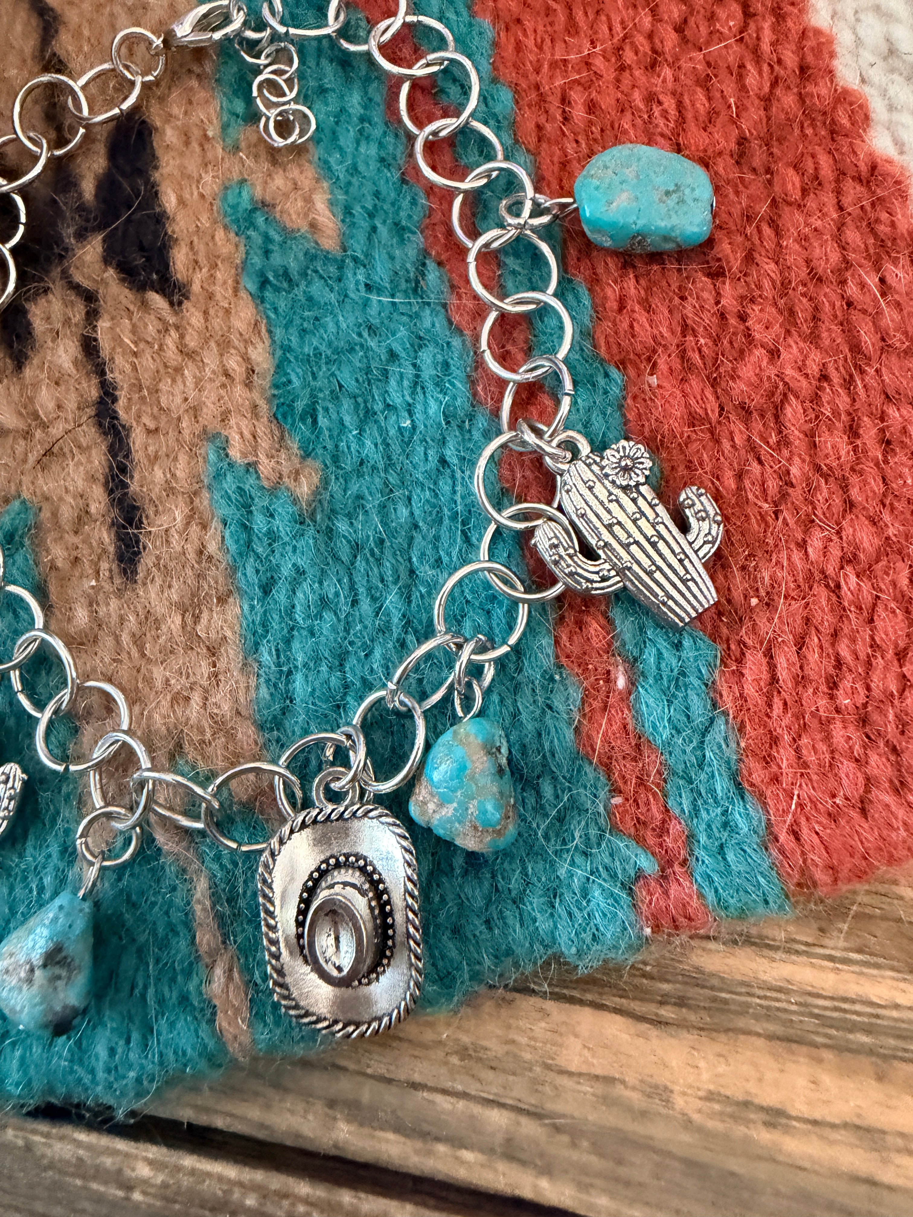 Handcrafted Old Pawn Sterling Silver & Turquoise Cowboy Charm Bracelet