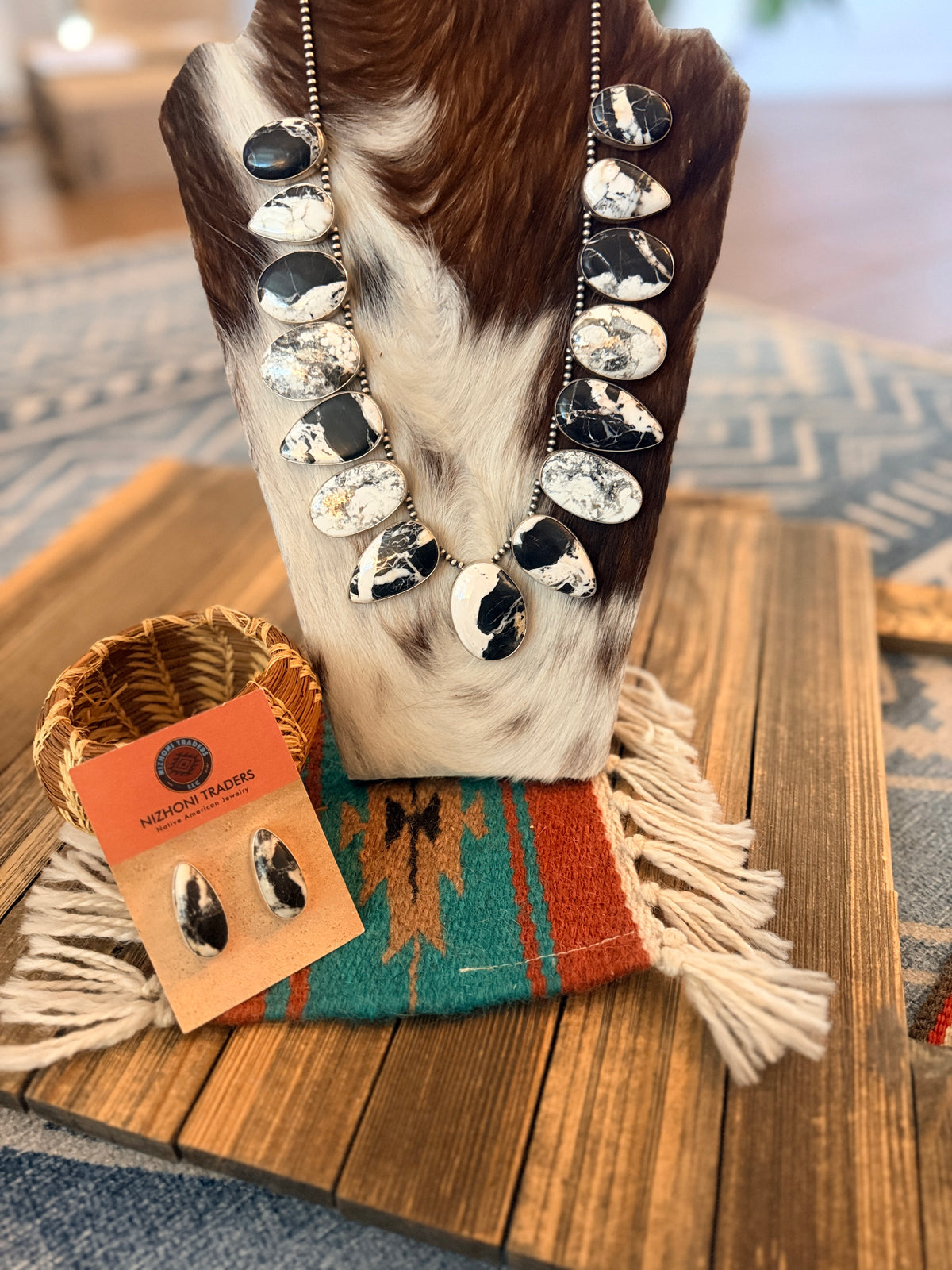 Handcrafted White Buffalo & Sterling Silver Necklace and Earring Set by Larry Kaye