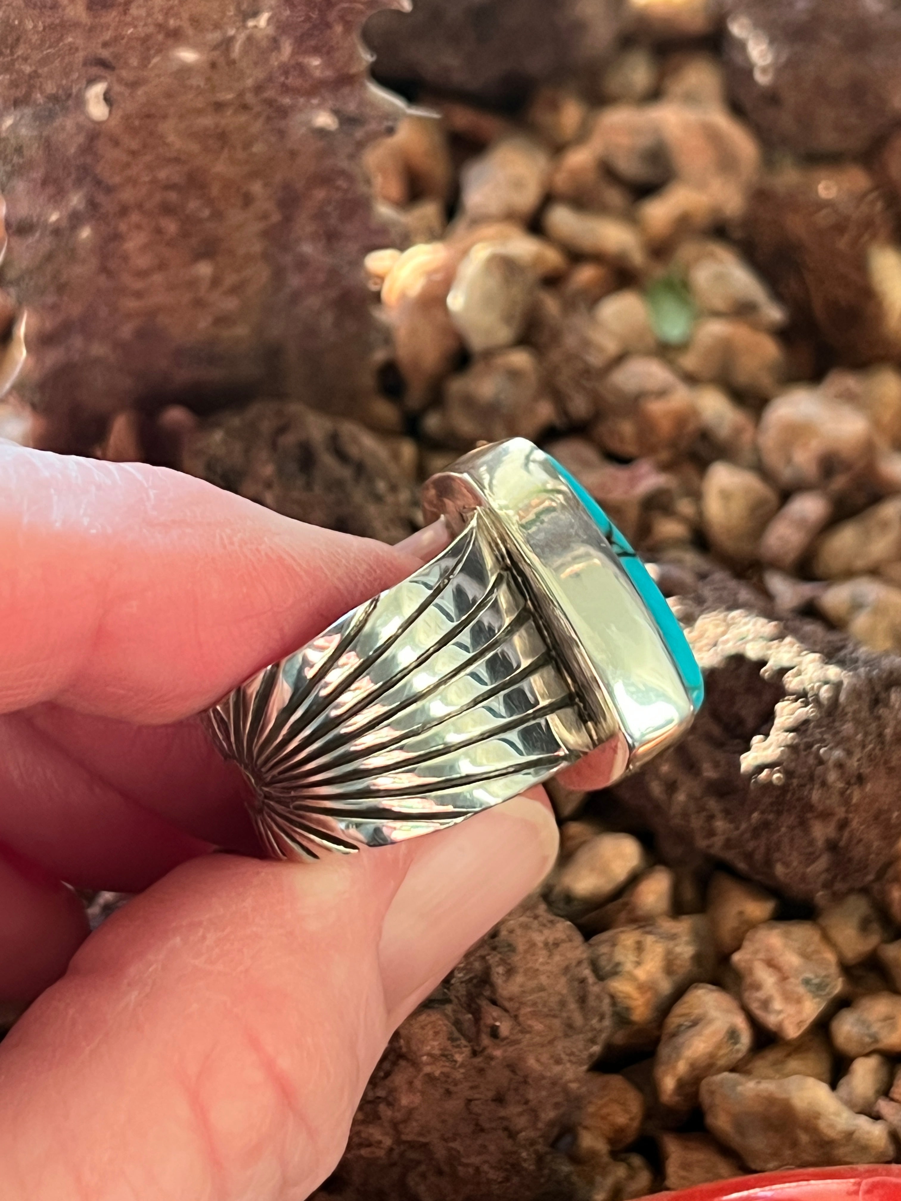 Handcrafted Hand Stamped Sterling Silver and Egyptian Turquoise Wide Shank Ring by Shaun Rogers, Size 8.25