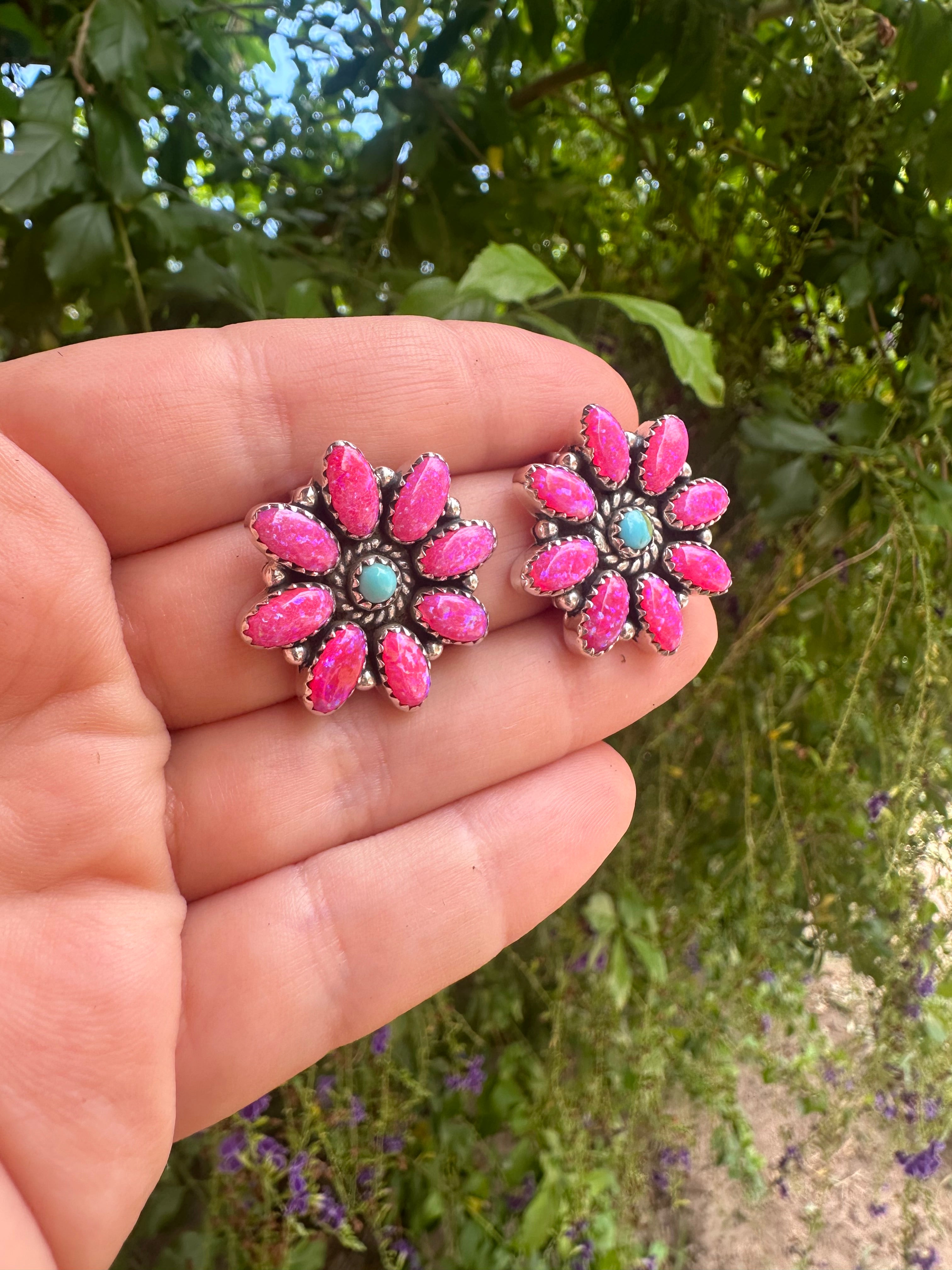 Handmade Hot Pink Fire Opal, Turquoise and Sterling Silver Flower Post Earrings