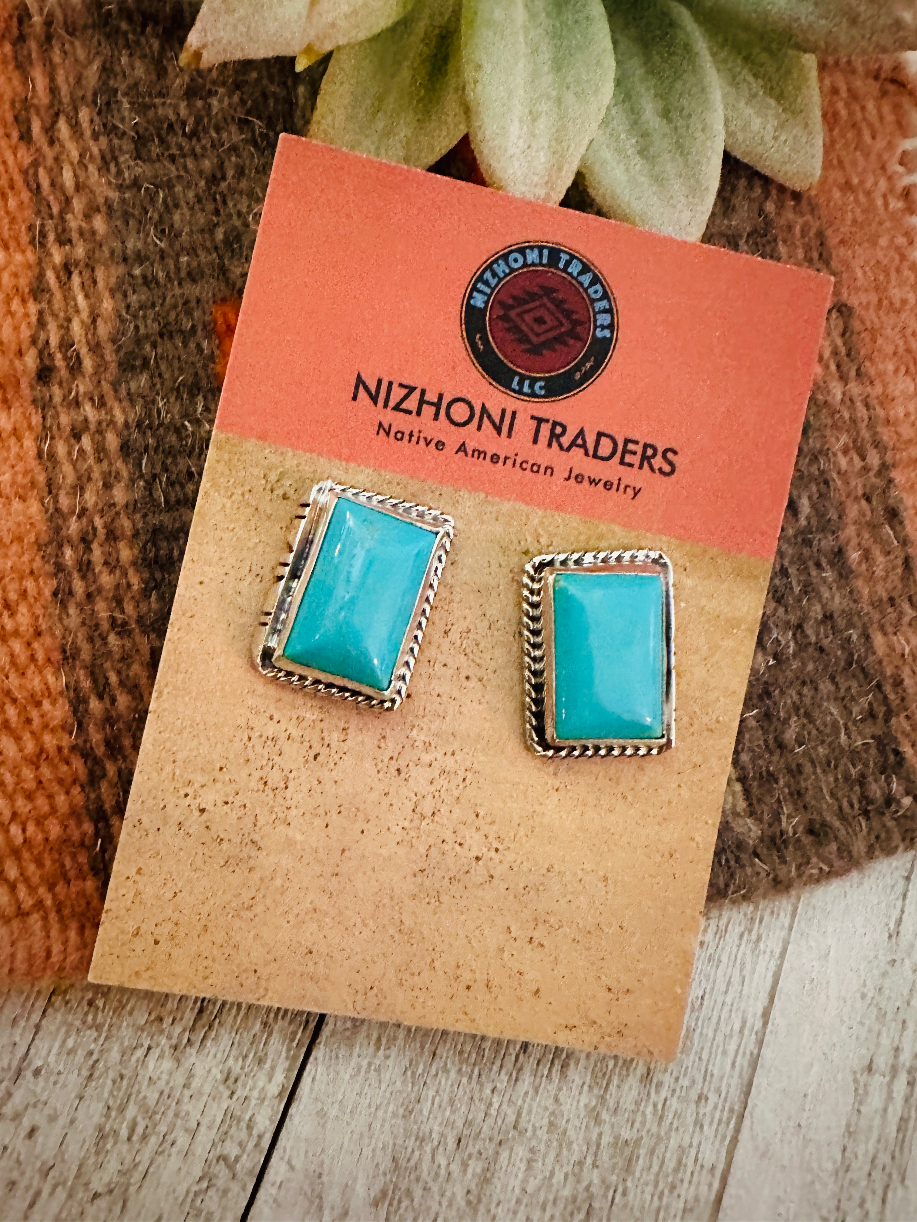 Navajo Turquoise & Sterling Silver Rectangle Post Earrings