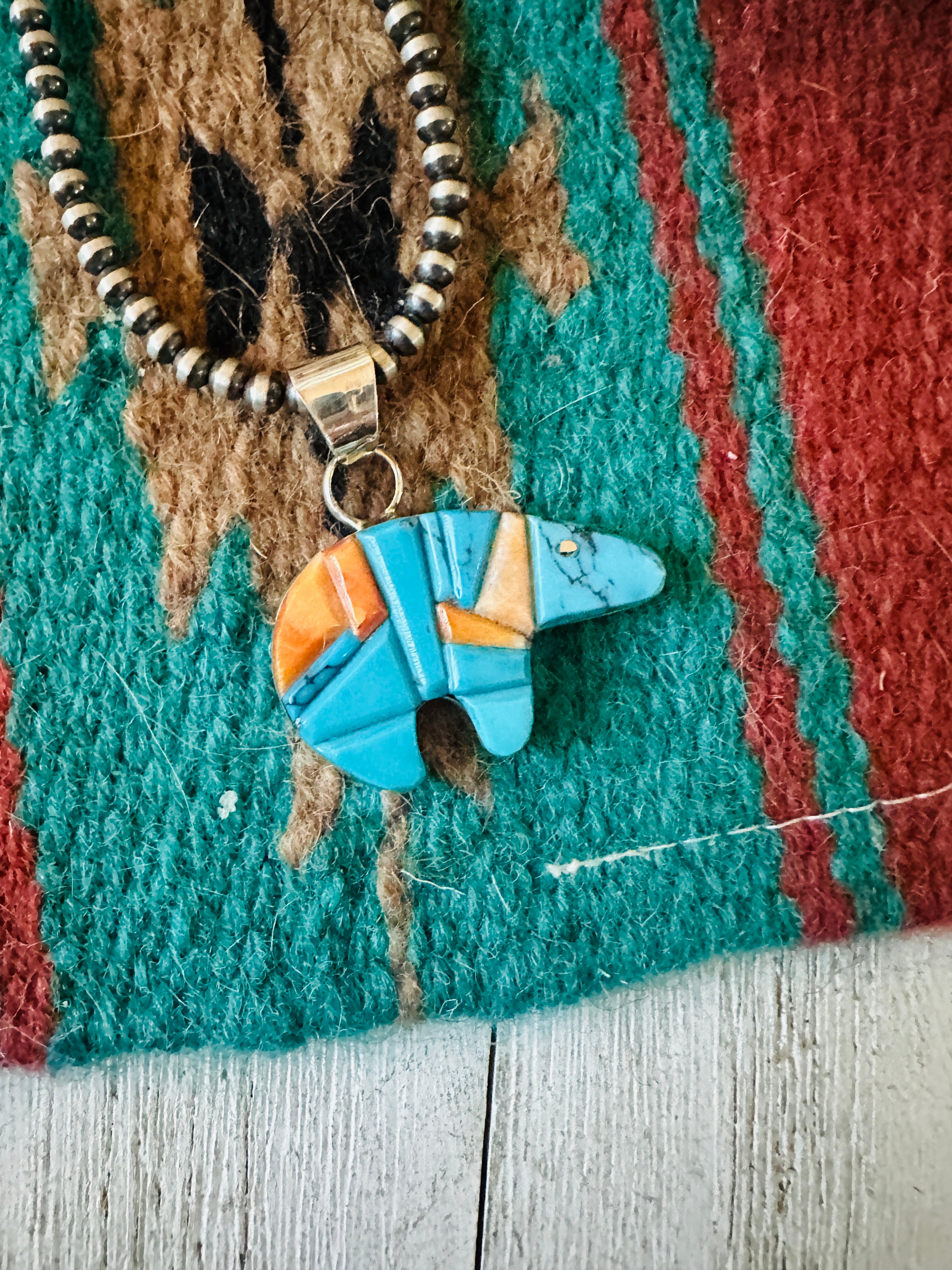 Navajo Turquoise, Spiny & Sterling Silver Inlay Fetish Bear Pendant