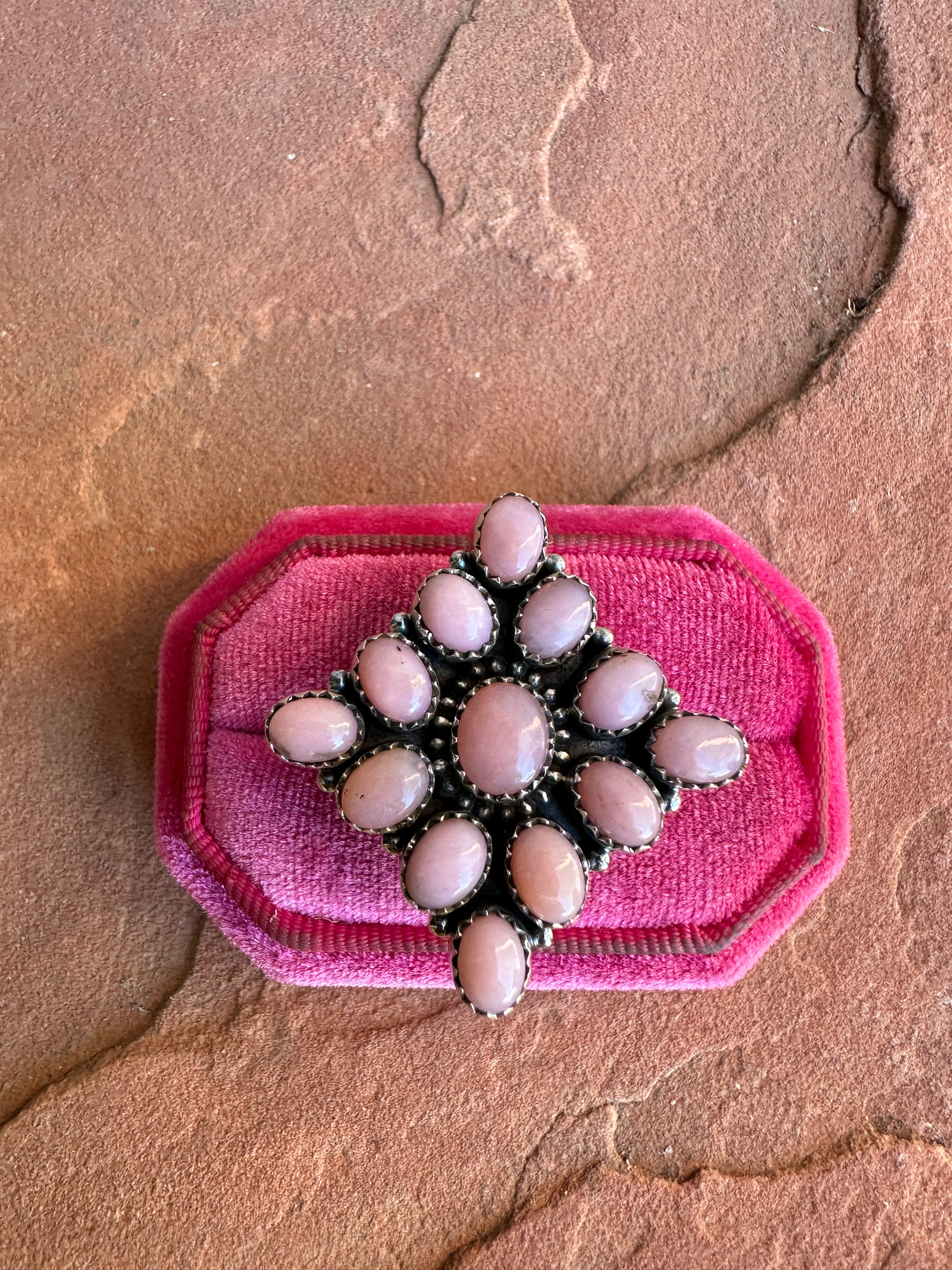 Beautiful Handmade Pink Conch And Sterling Silver Adjustable Cluster Ring