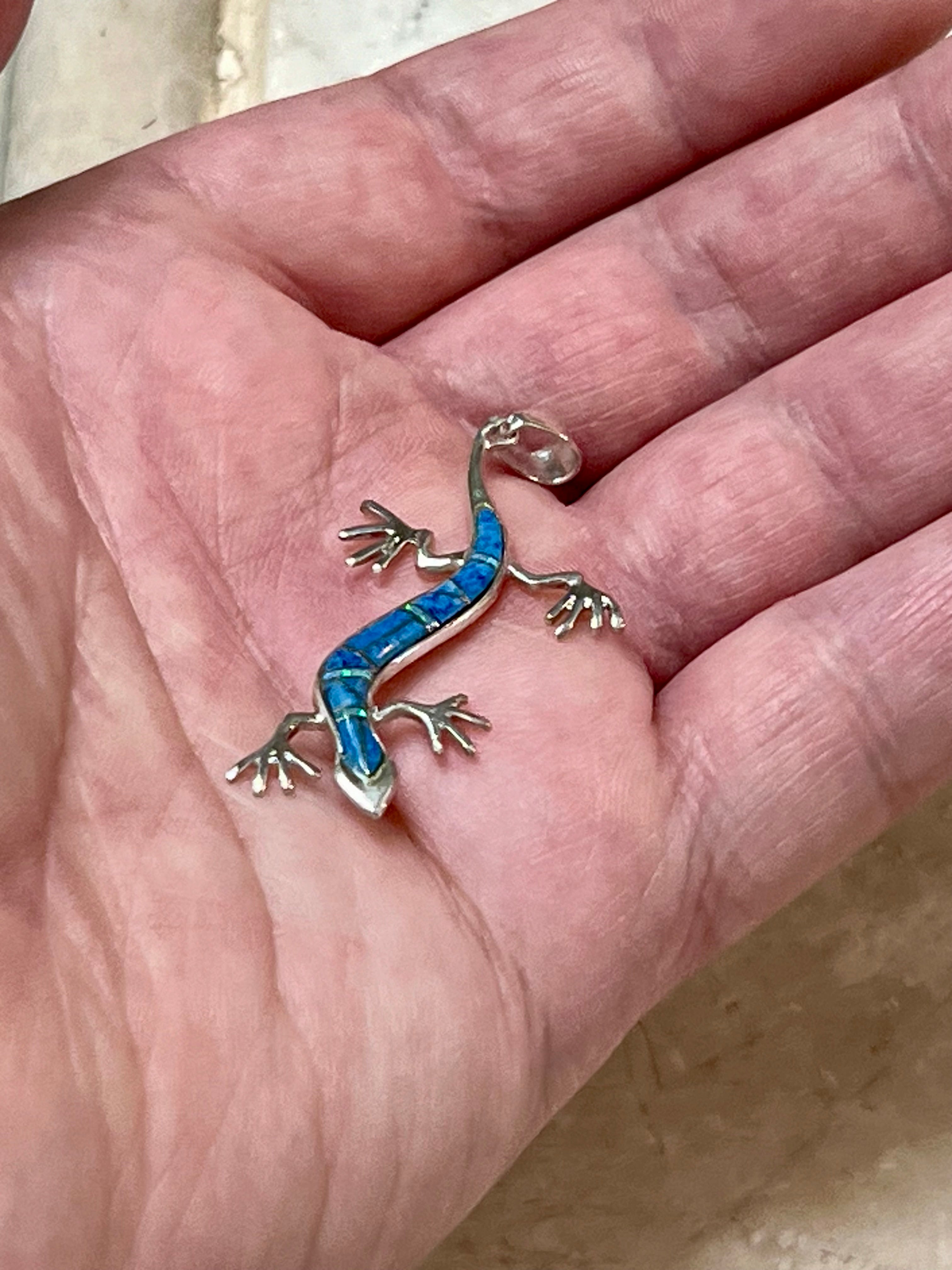 Lapis Lizard 925 Sterling Silver Pendant USA Handmade with Opal Accent
