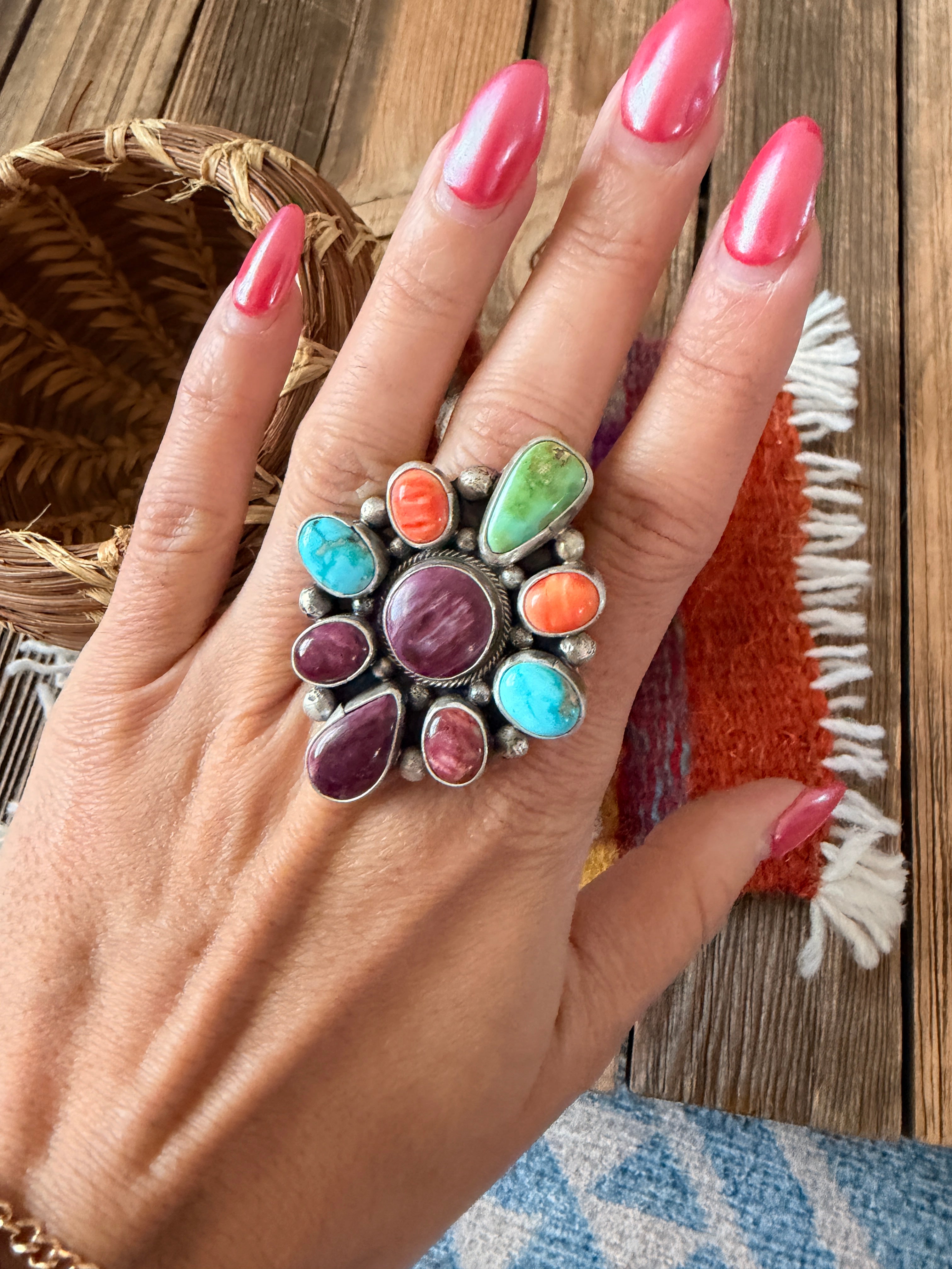 Handcrafted Spiny Oyster, Turquoise & Sterling Silver Adjustable Cluster Ring by Sheila Becenti