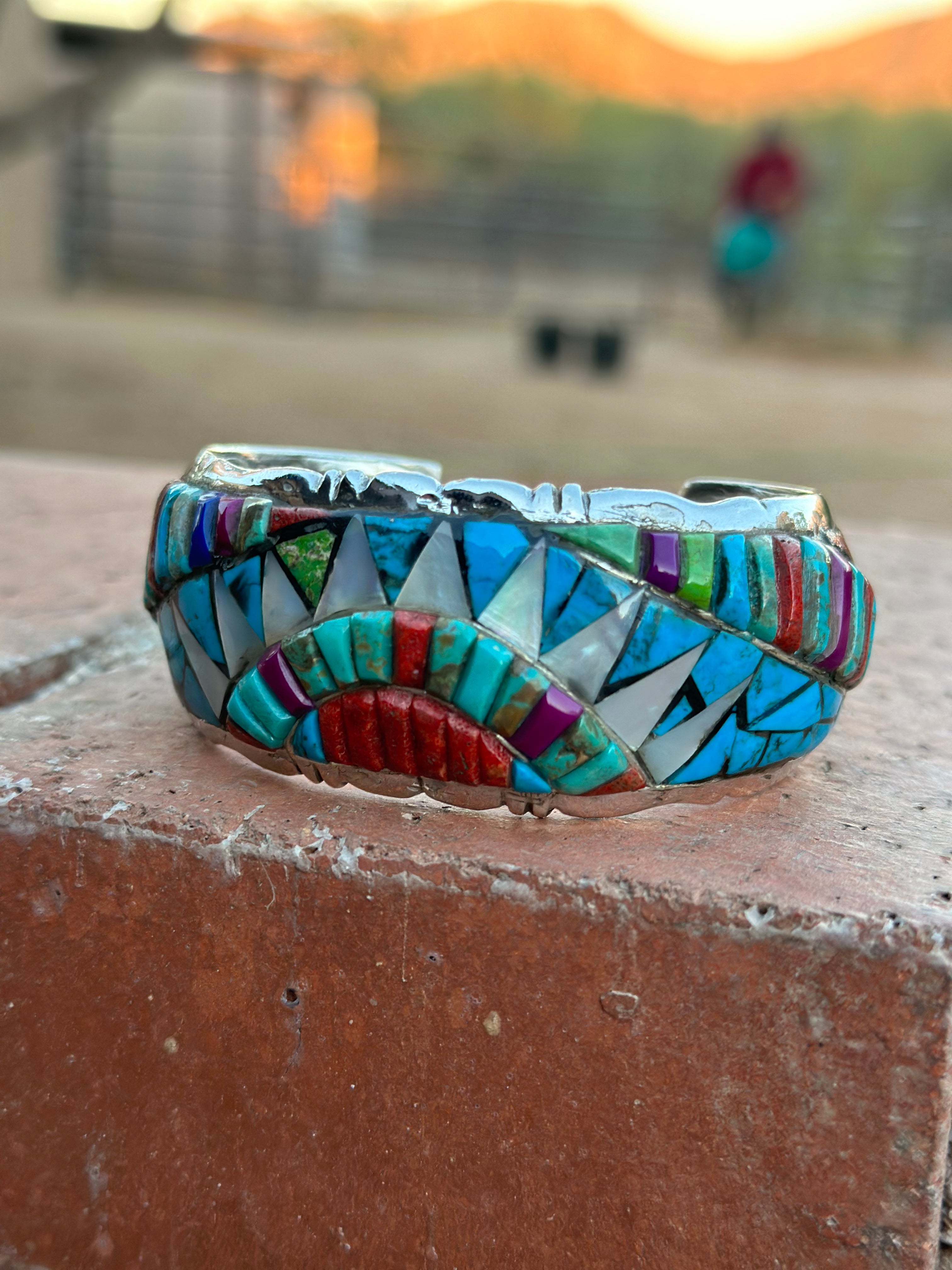 Handmade Sterling Silver Multi Stone Sun Inlay Cuff