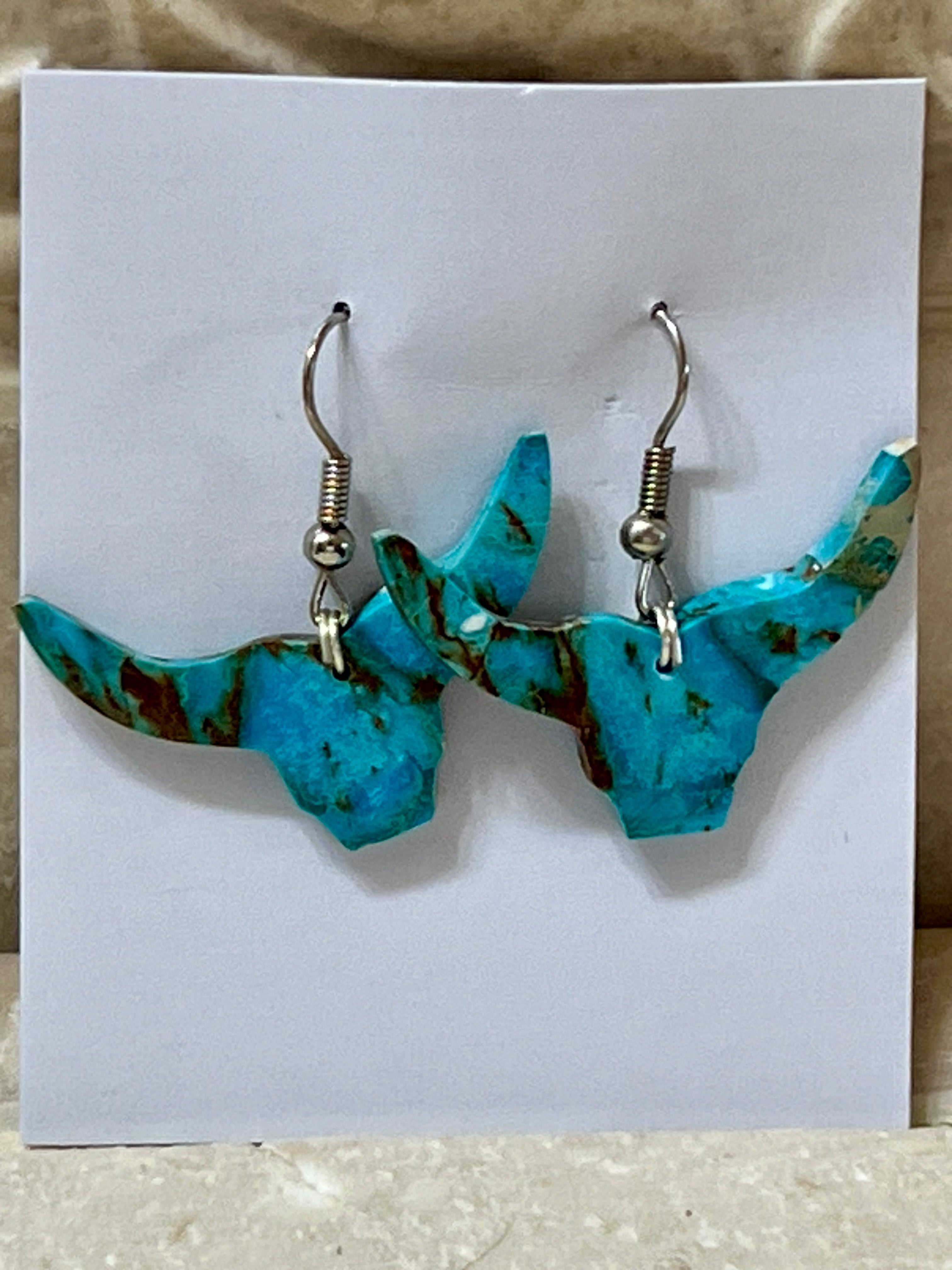 Handcrafted Blue Indigo Turquoise & Sterling Silver Bull head Slab Earrings