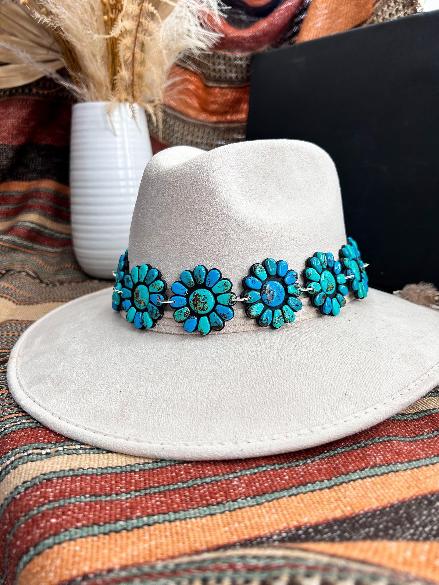 Handmade Clay Turquoise Hat Band With Feathers By Artist Kaylyn