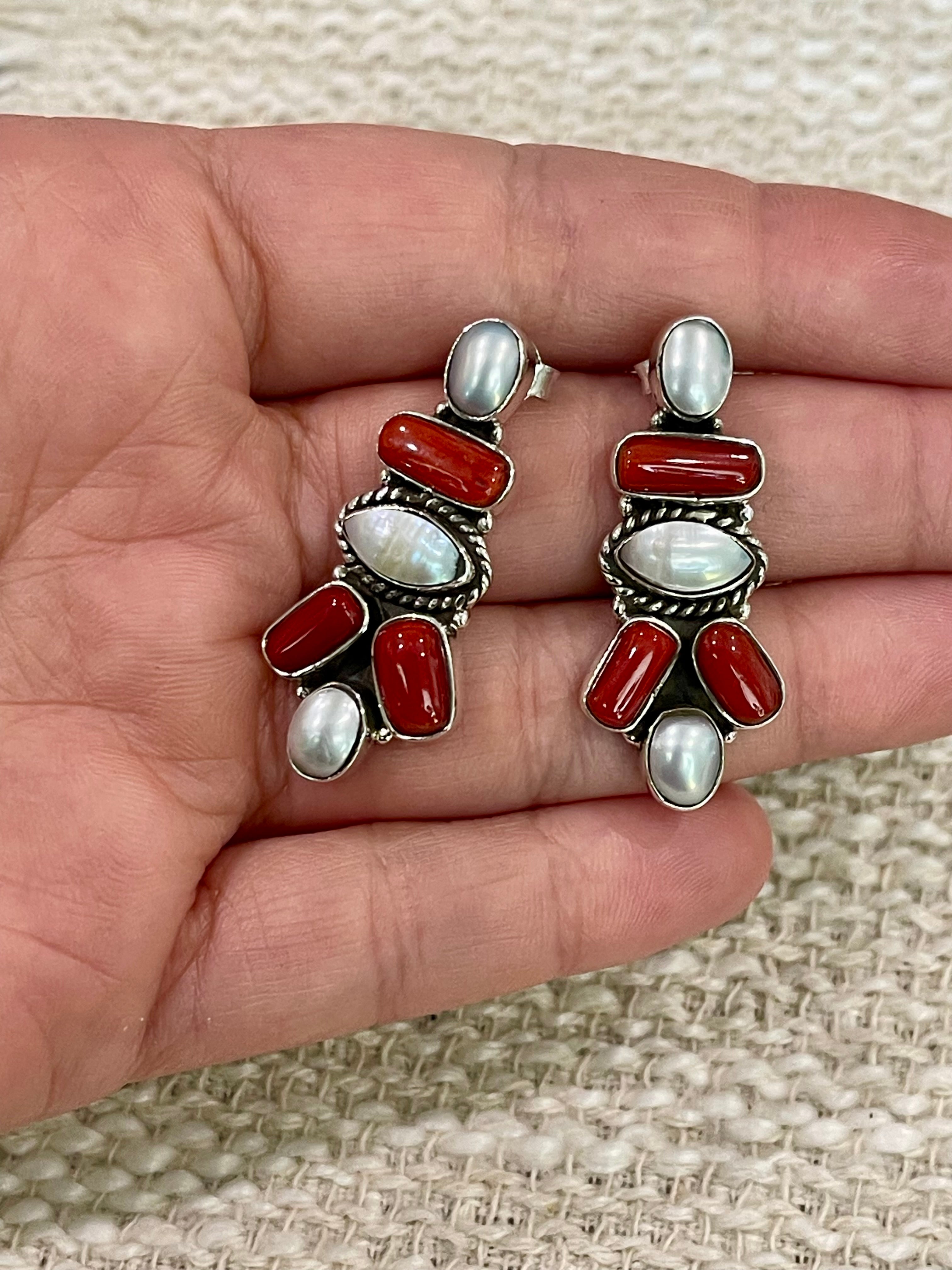 ** 4TH OF JULY ** Handmade Sterling , Silver Synthetic Opal & Coral Necklace, Earring & Ring Set with Signed Nizhoni