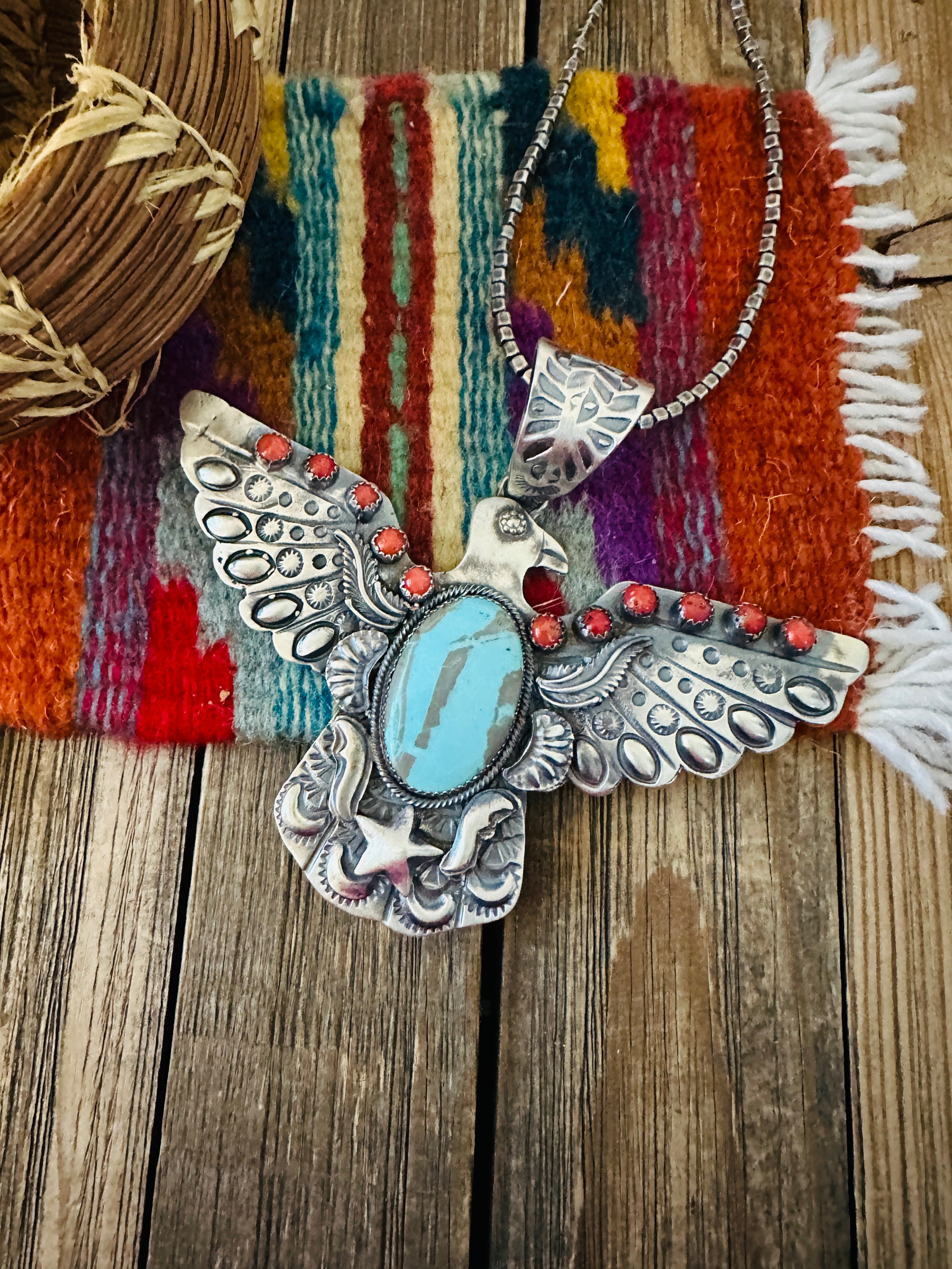 Handcrafted Turquoise, Coral & Sterling Silver Thunderbird Pendant by Richard Yazzie