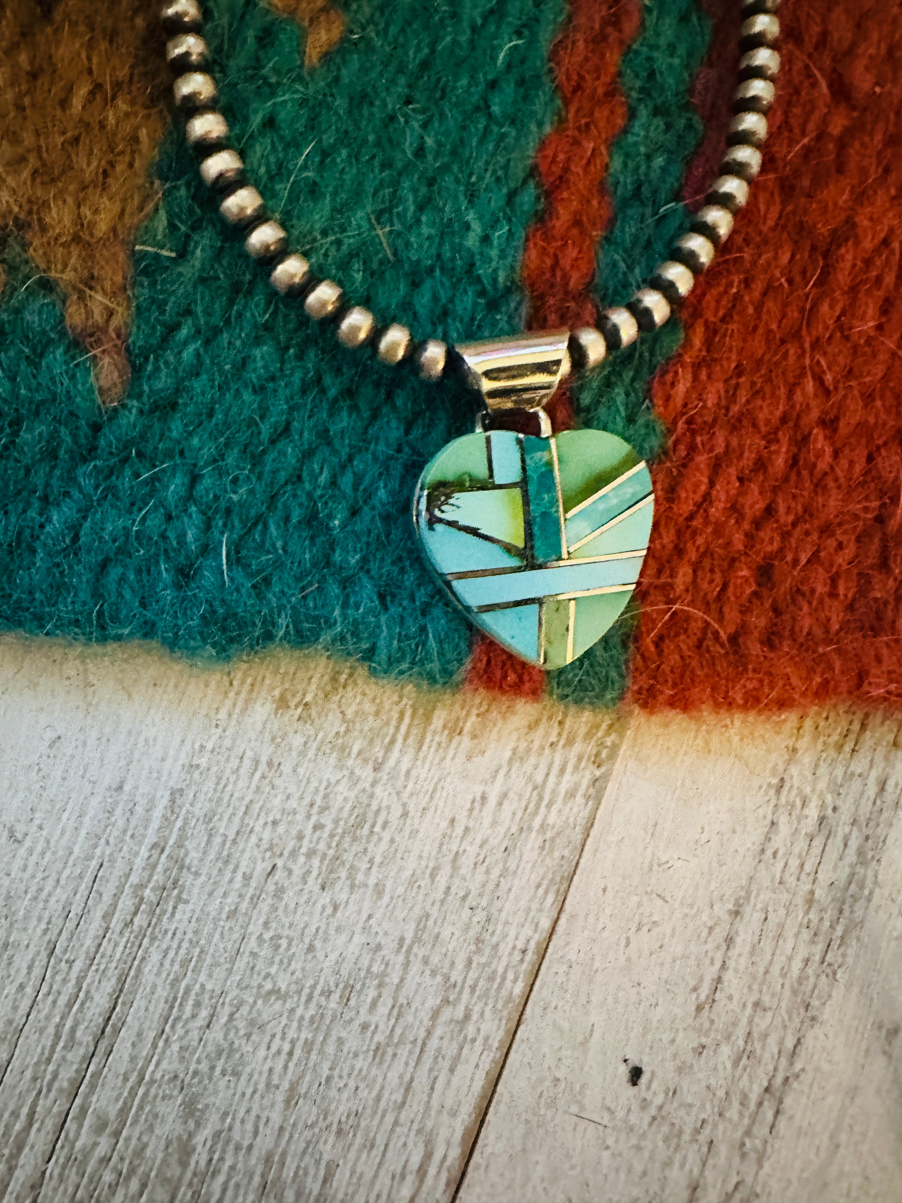 Navajo Turquoise & Sterling Silver Inlay Heart Pendant