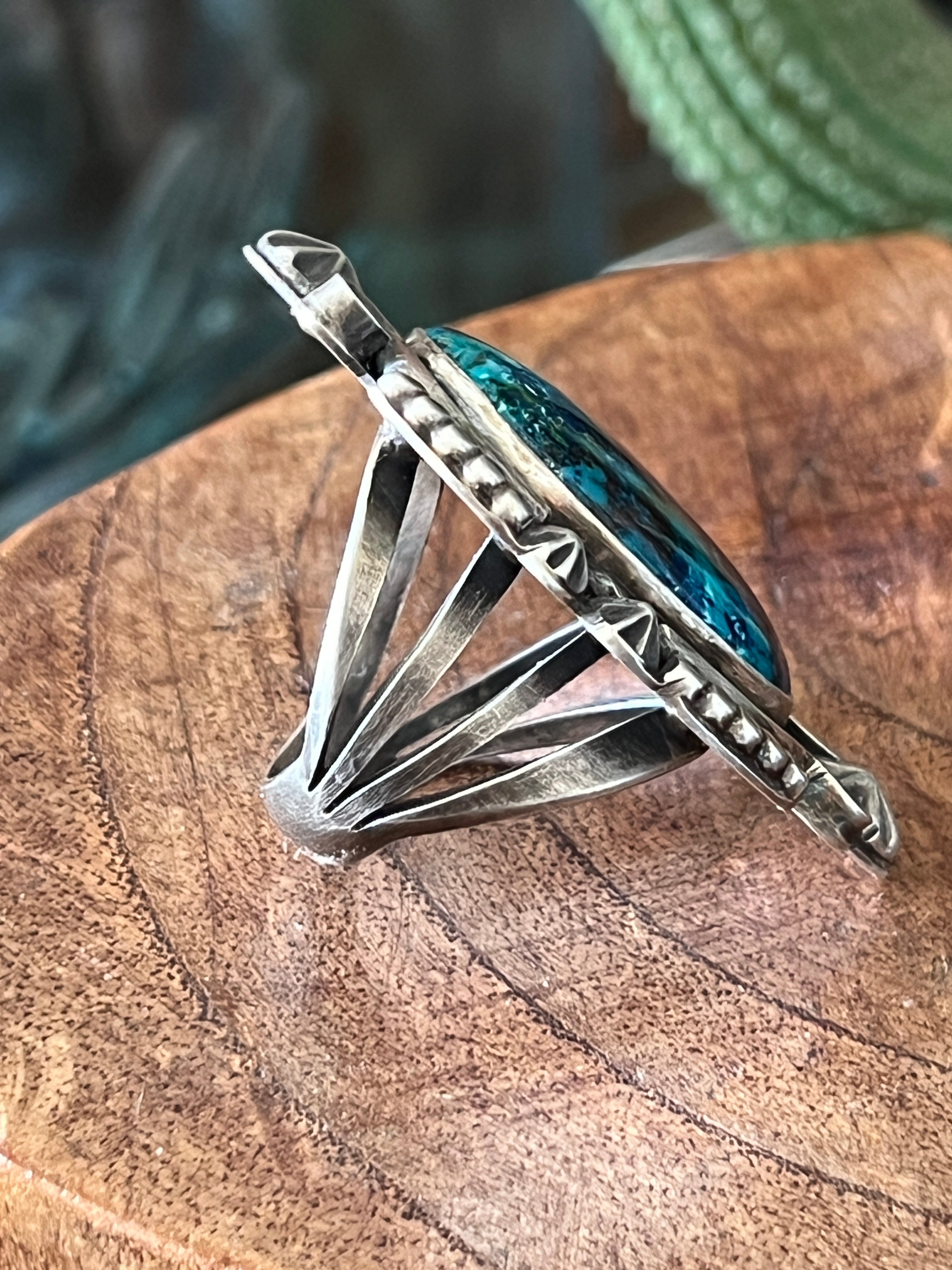 Apache Sterling Silver and Chrysocolla Azurite Ring by Rosella Paxson, Size 7