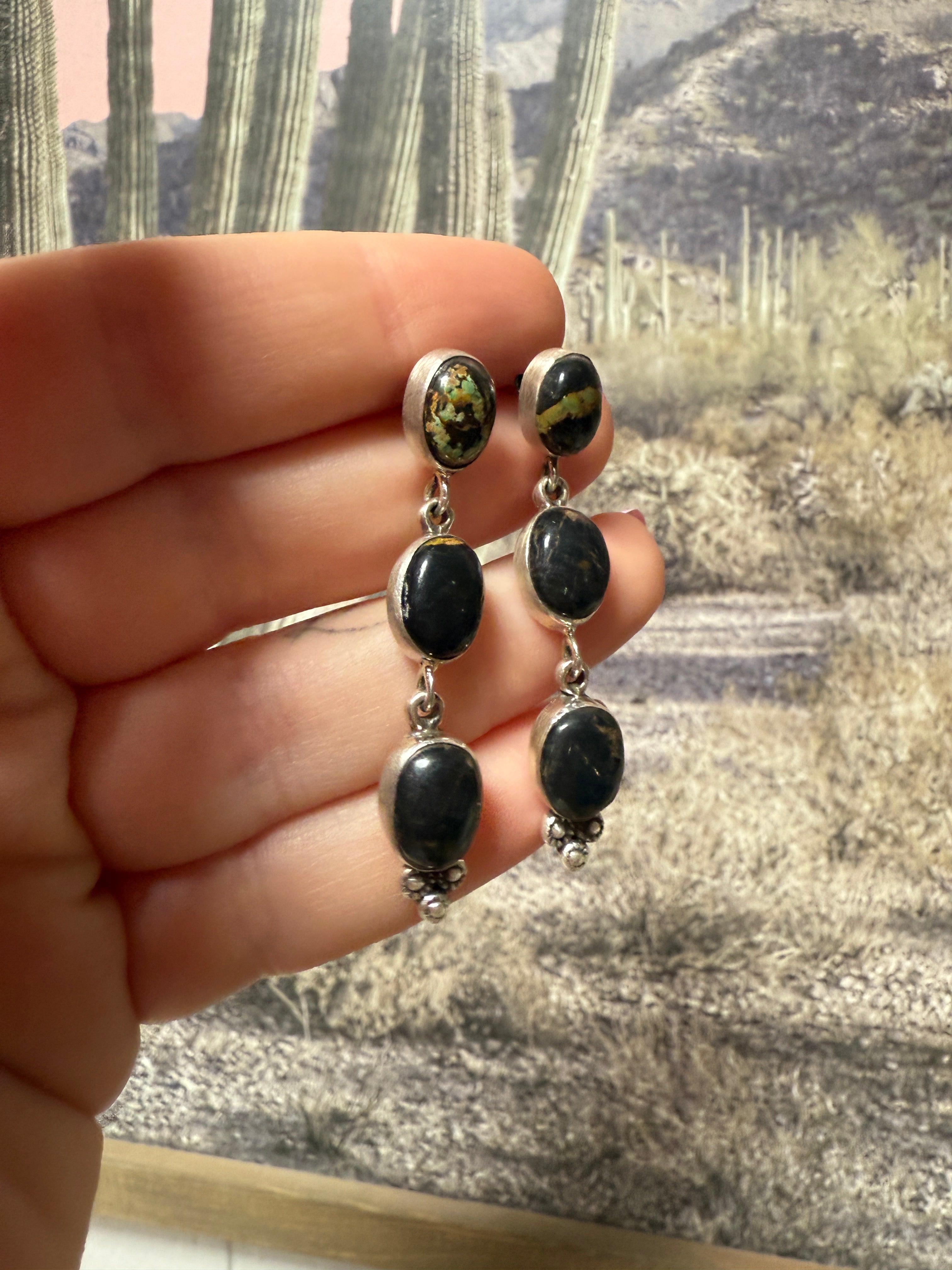 Handmade Sterling Silver Black Jack Dangle Earrings with Signed Nizhoni