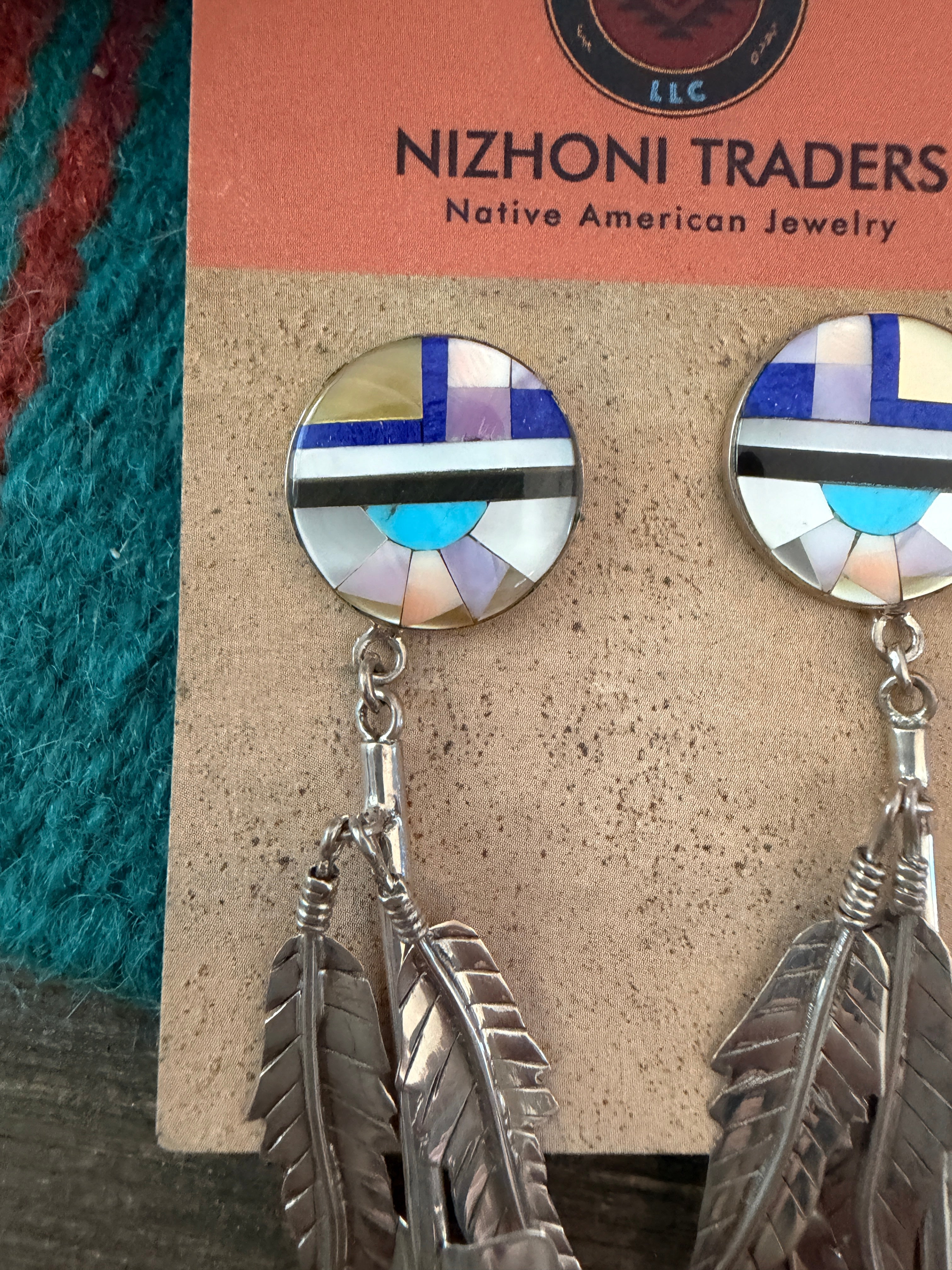 Old Pawn Handcrafted Sterling Silver & Multi Stone Inlay Feather Dangle Earrings