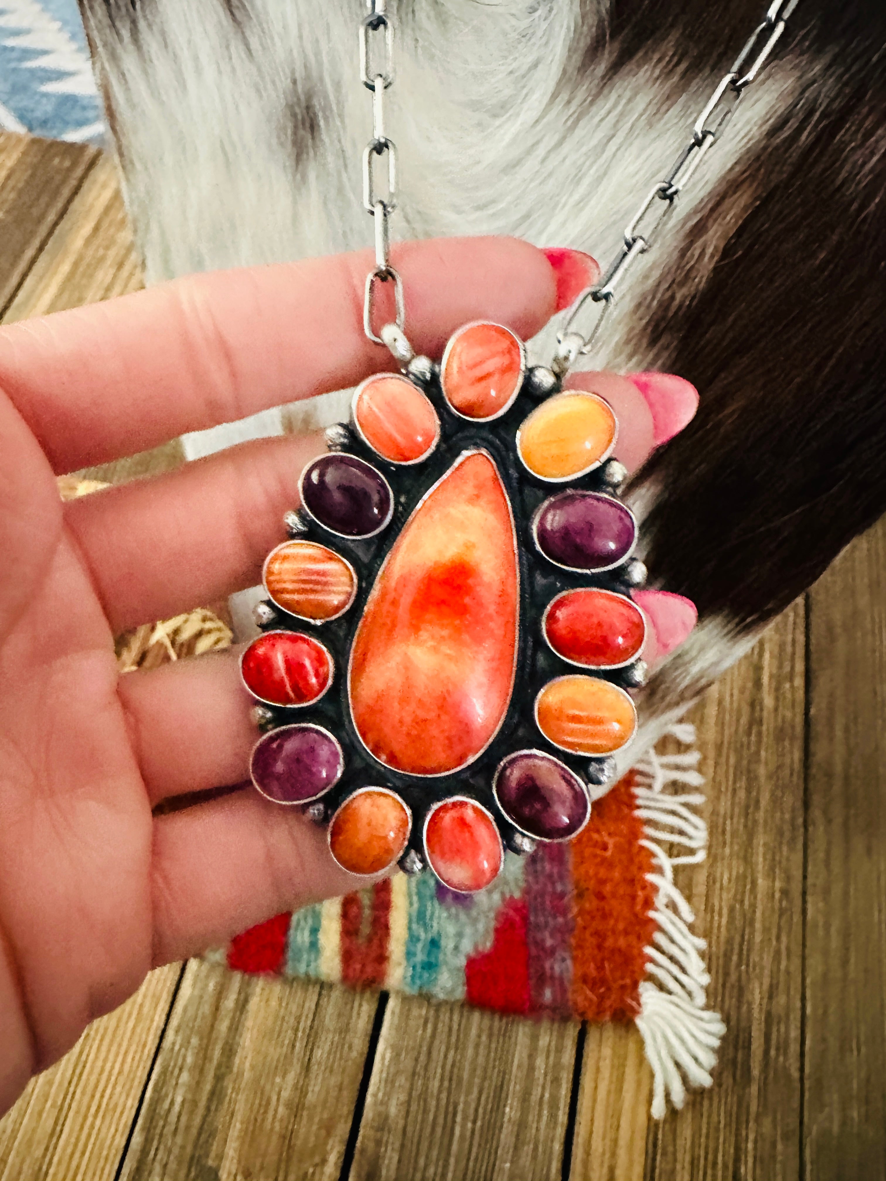 Handcrafted Multicolor Spiny Oyster & Sterling Silver Cluster Necklace by Sheila Becenti