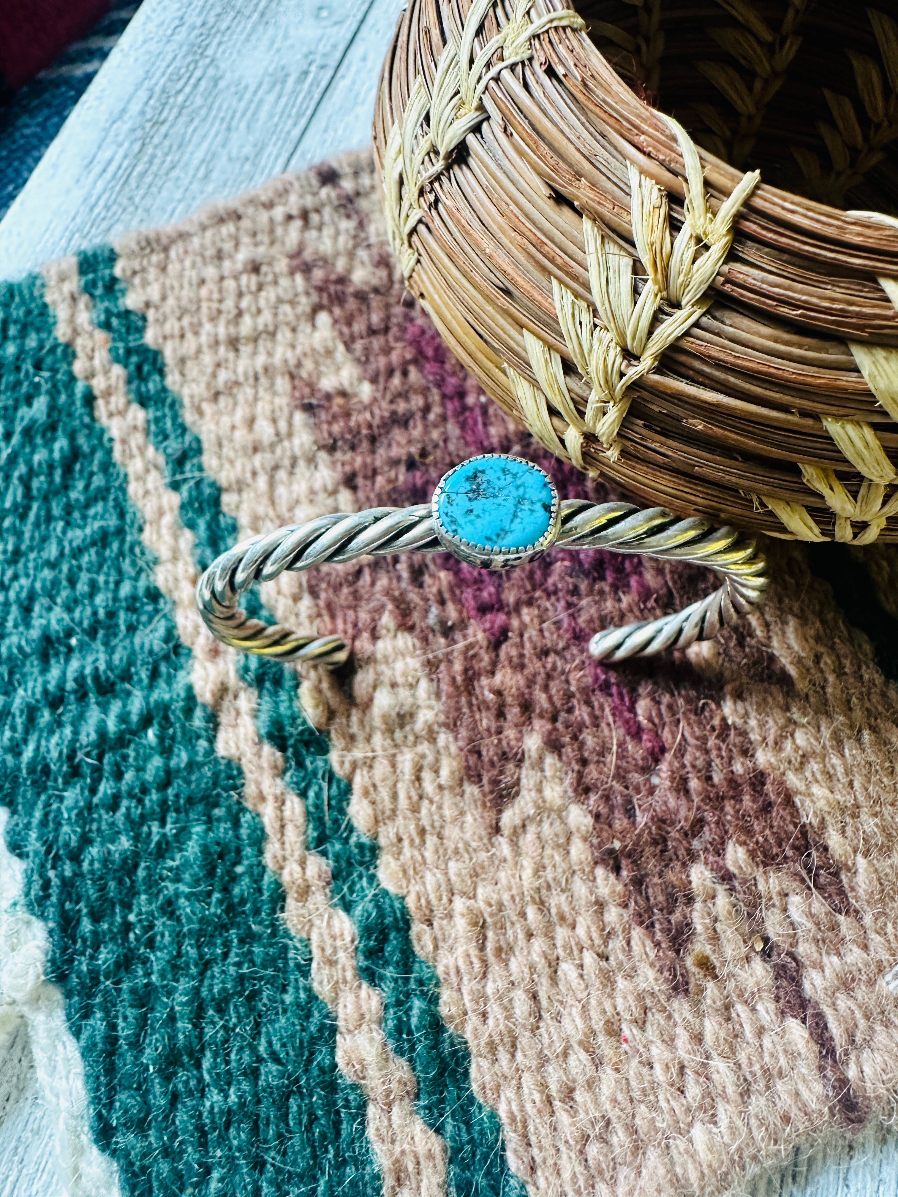 Navajo Twisted Sterling Silver & Kingman Turquoise Cuff Bracelet