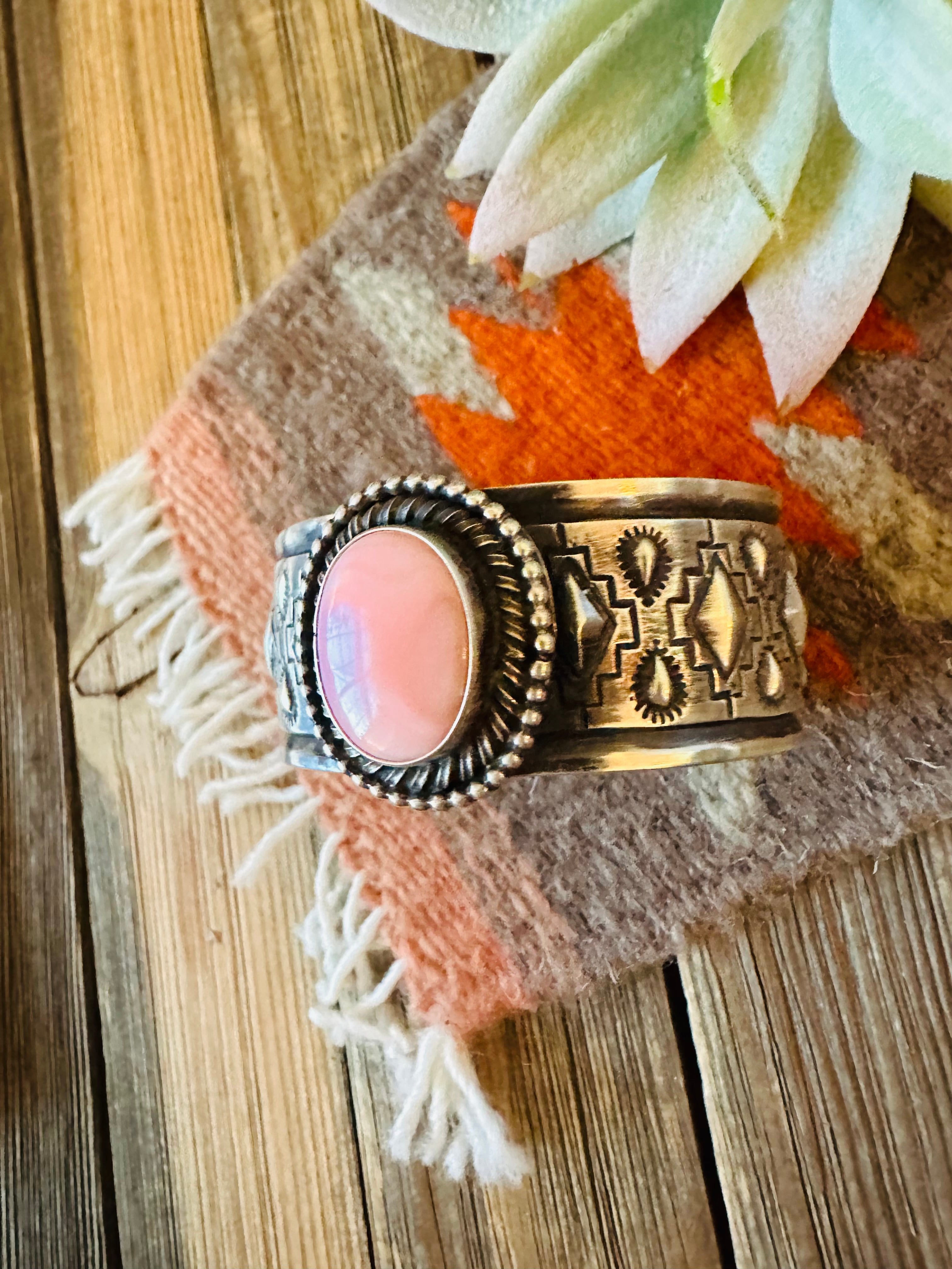 Navajo Queen Pink Conch Shell & Sterling Silver Cuff Bracelet