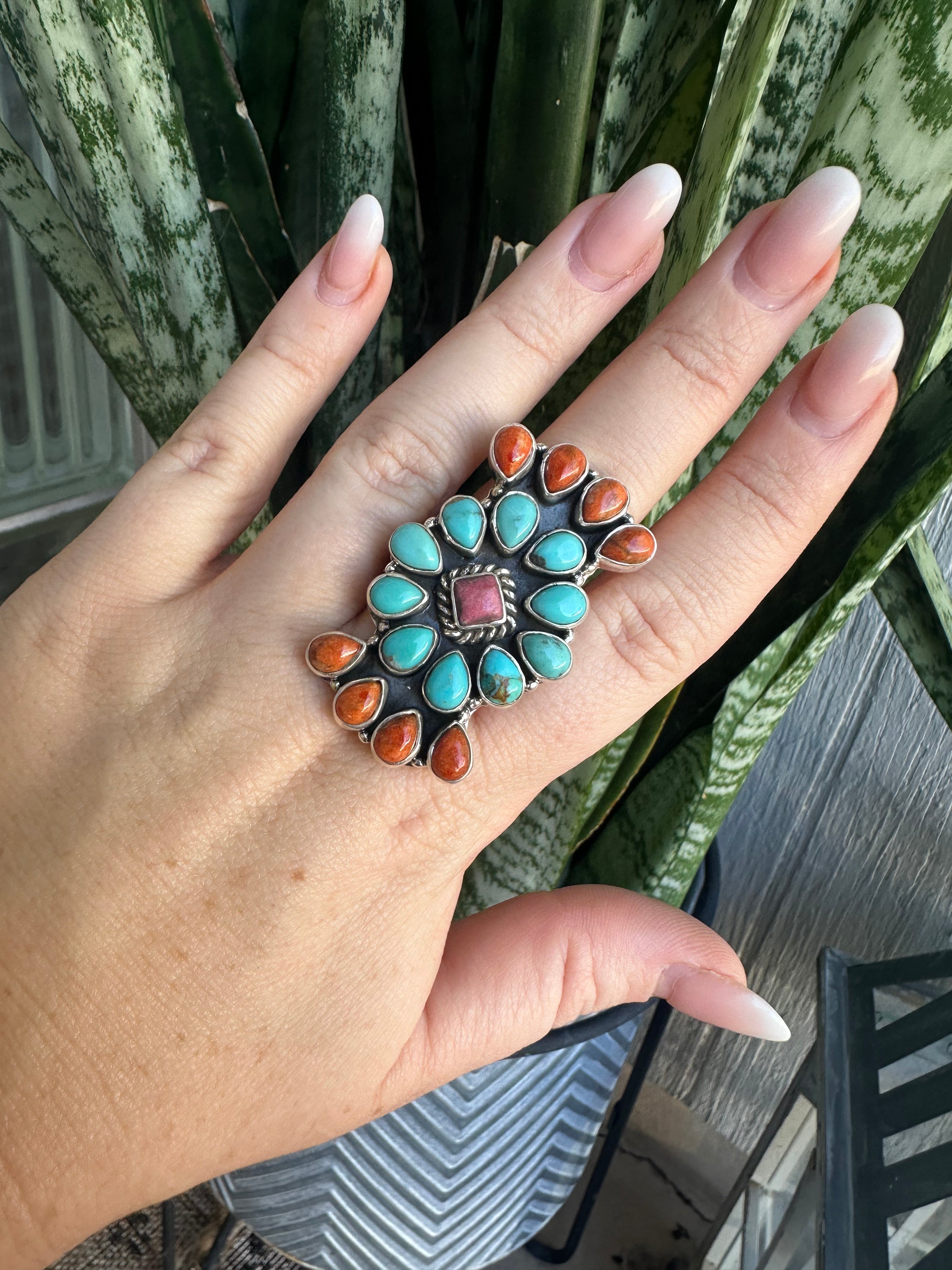 Beautiful Handmade Orange Mojave, Rhodonite, Turquoise And Sterling Silver Adjustable Ring