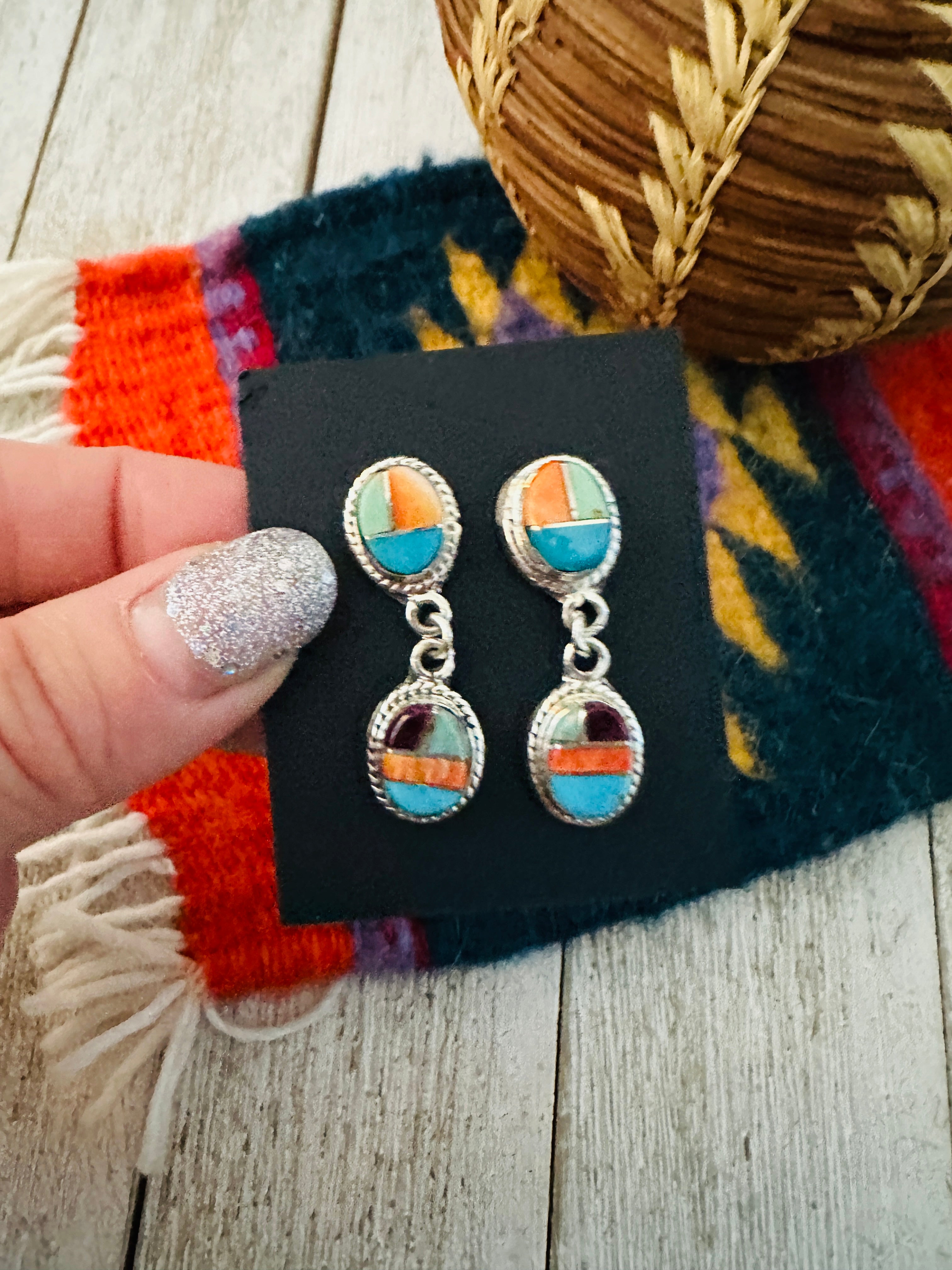 Navajo Sterling Silver & Multi Stone Inlay Dangle Earrings