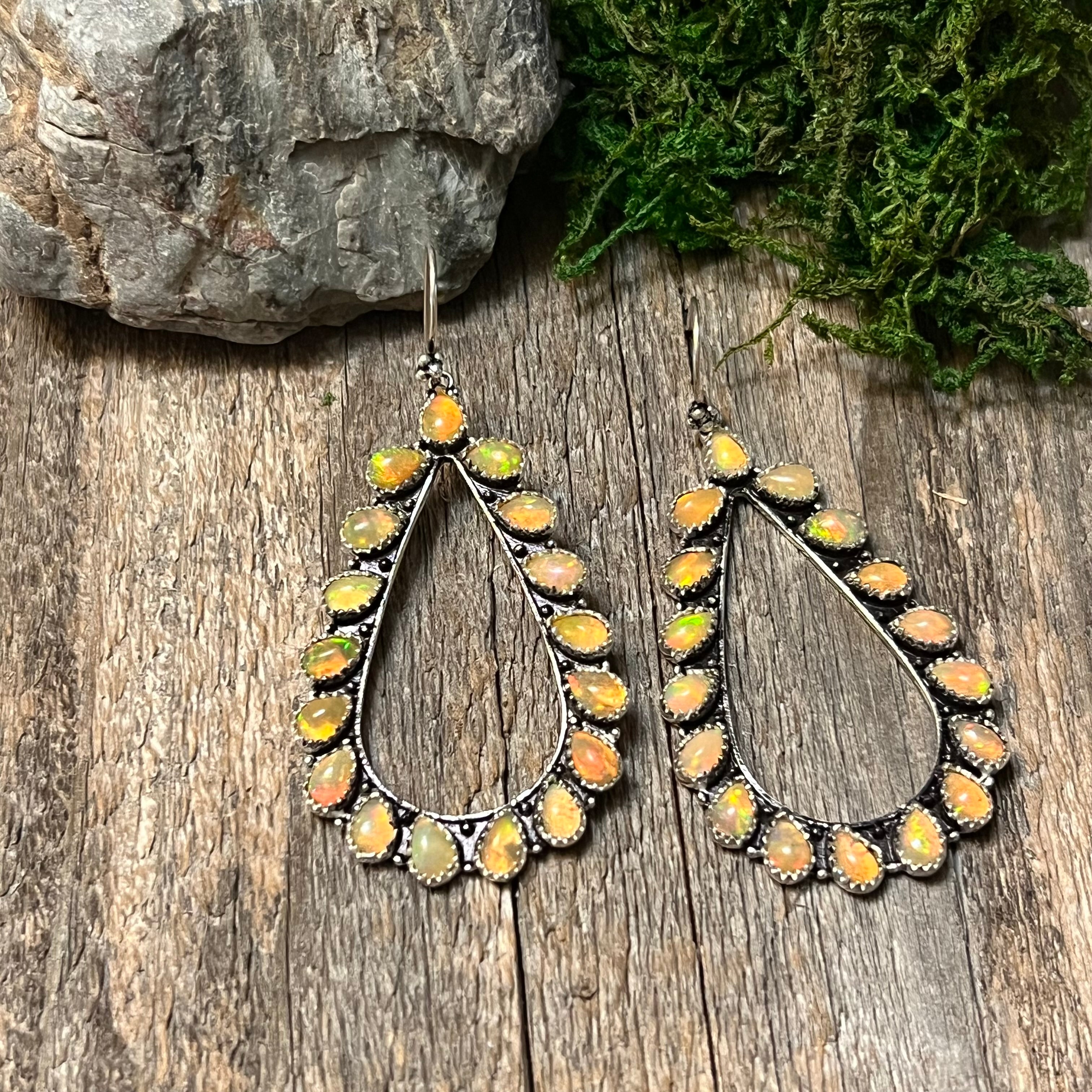 Handmade Sterling Silver & Orange Opal, Tear Drop-Cluster Wire Earrings