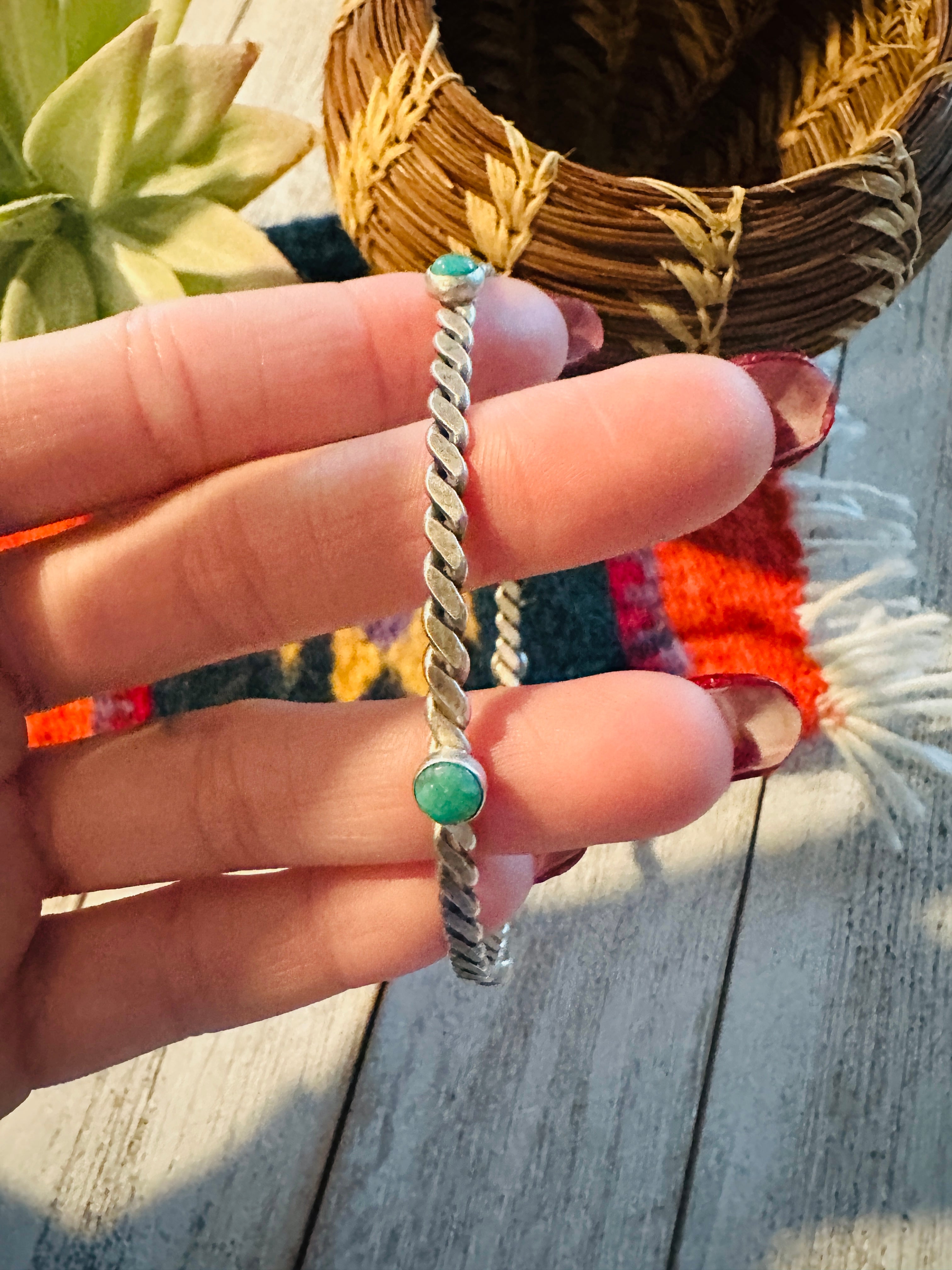 Navajo Twisted Sterling Silver & Turquoise Bangle Bracelet