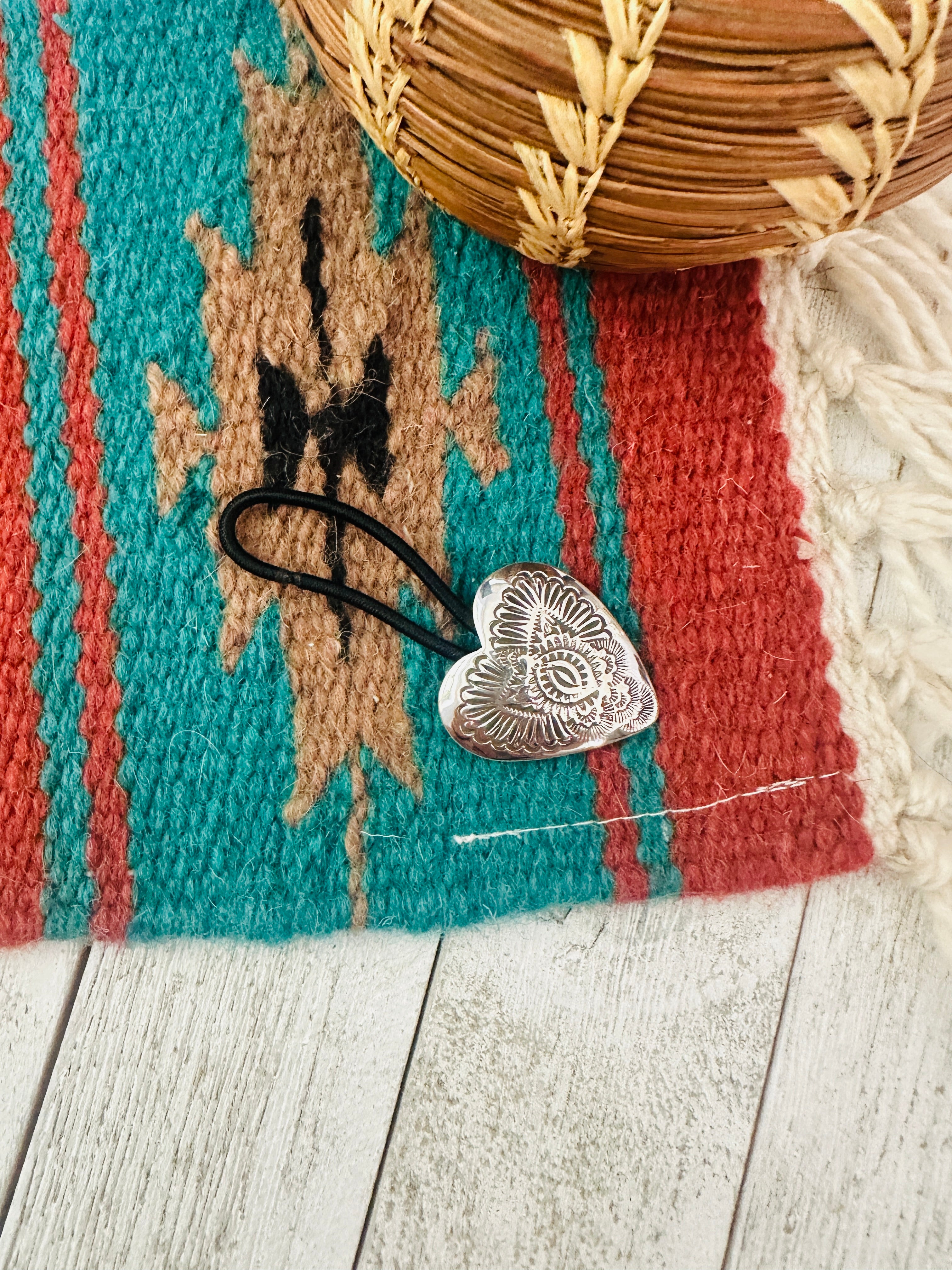 Navajo Hand Stamped Sterling Silver Heart Hair Tie