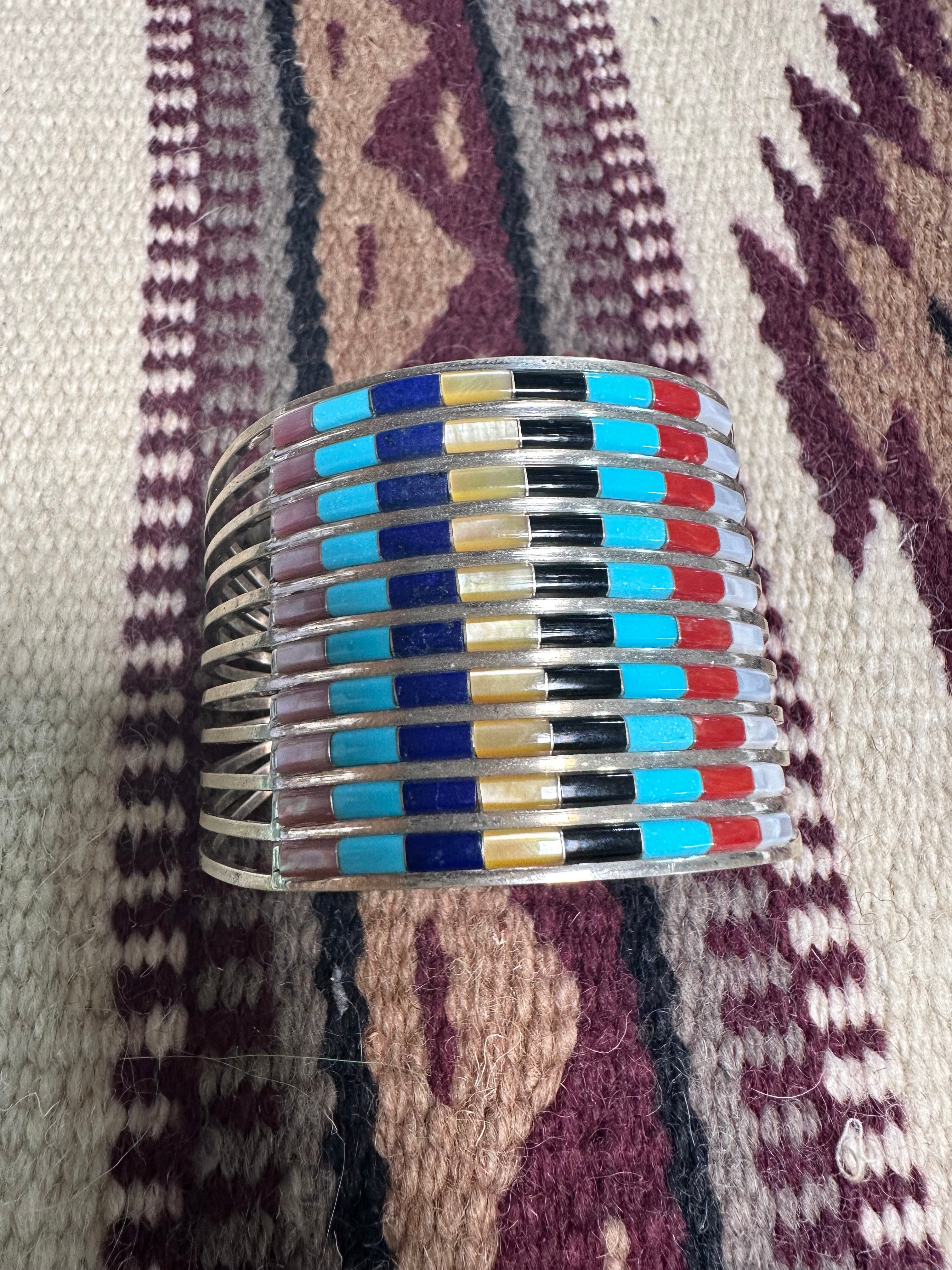 Navajo Multi Stone & Sterling Silver Inlay Cuff Bracelet Signed