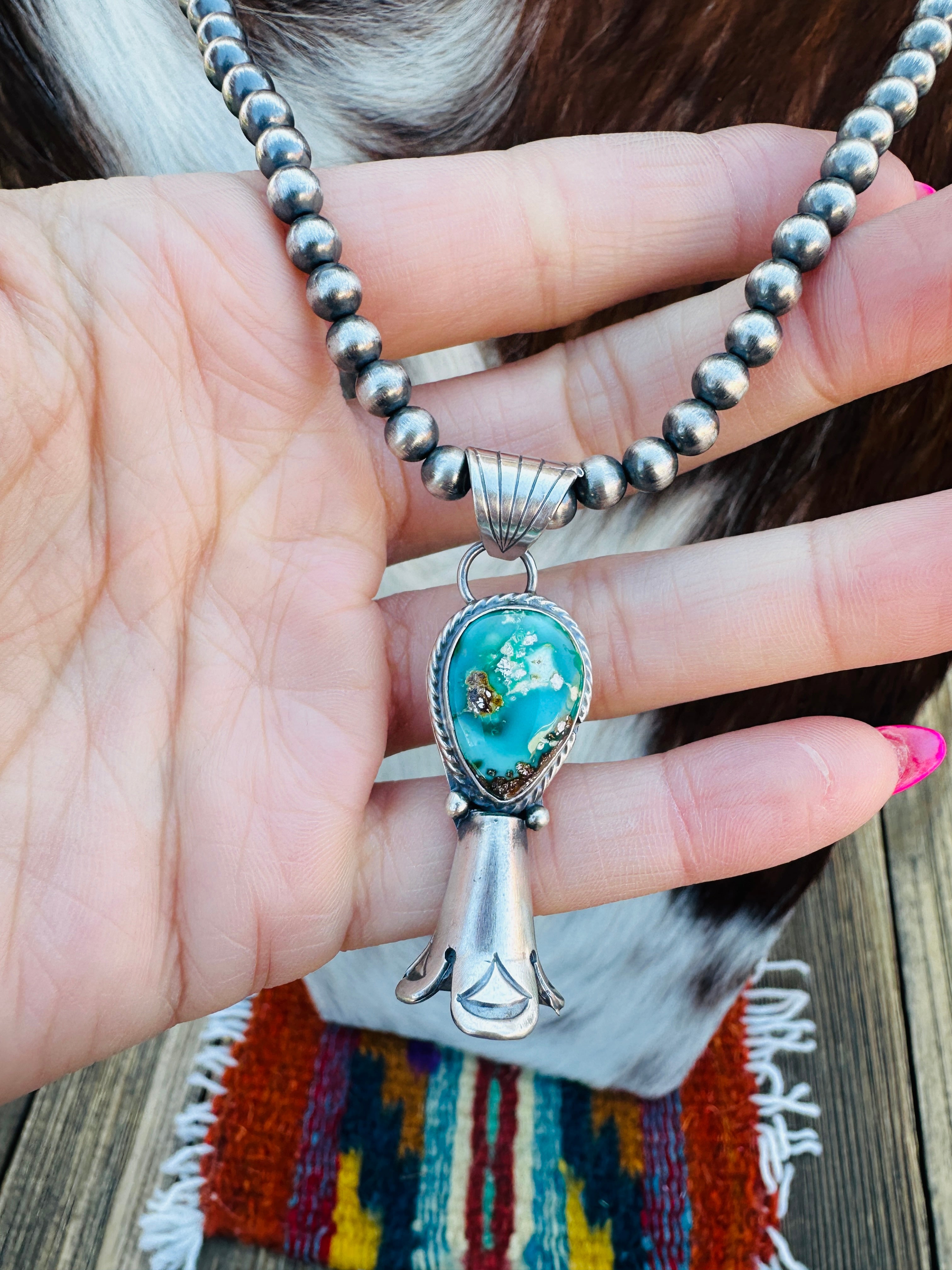 Handcrafted Turquoise & Sterling Silver Beaded Blossom Necklace