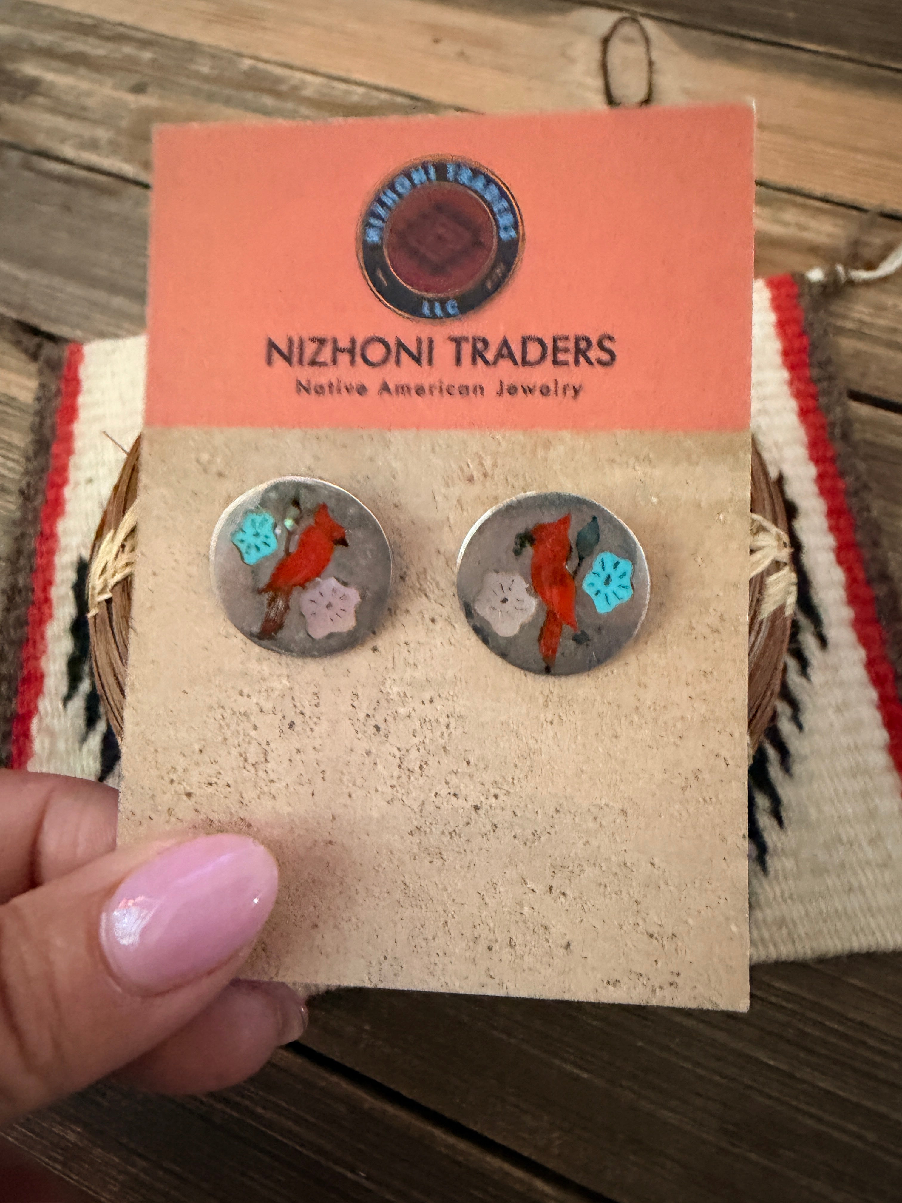 Old Pawn Handcrafted Sterling Silver & Multi Stone Inlay Cardinal Stud Earrings