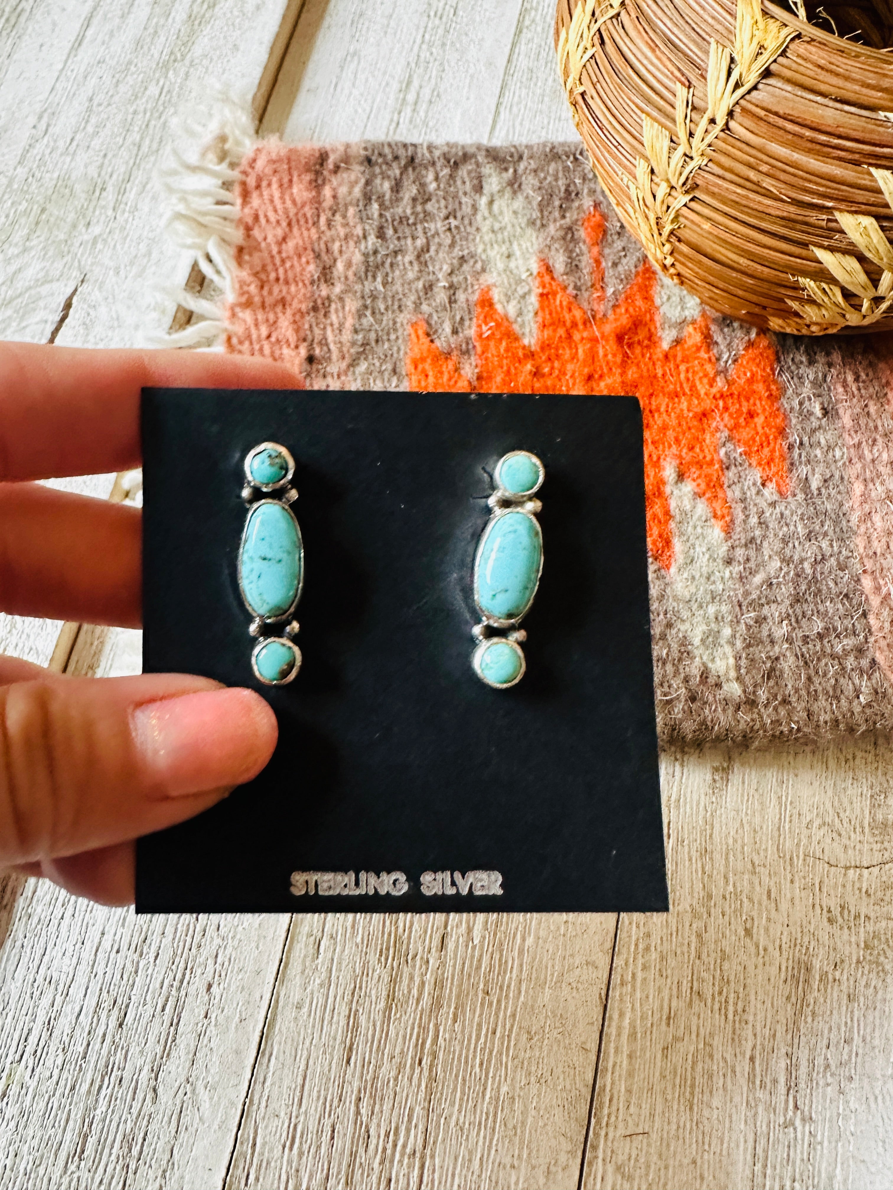 Navajo 3-Stone Turquoise And Sterling Silver Dangle Earrings