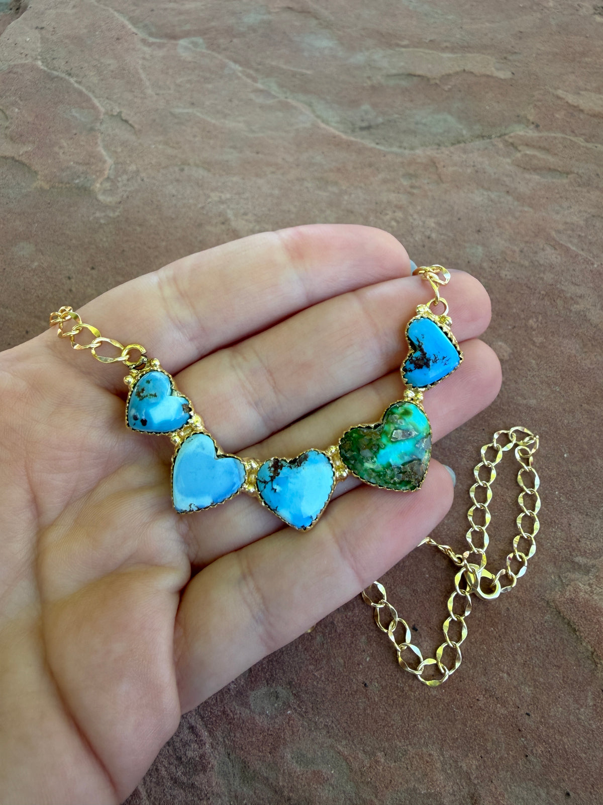 “The Golden Collection” Handmade Natural Golden Hills, Sonoran Turquoise Gold Plated Necklace STYLE 3 hearts