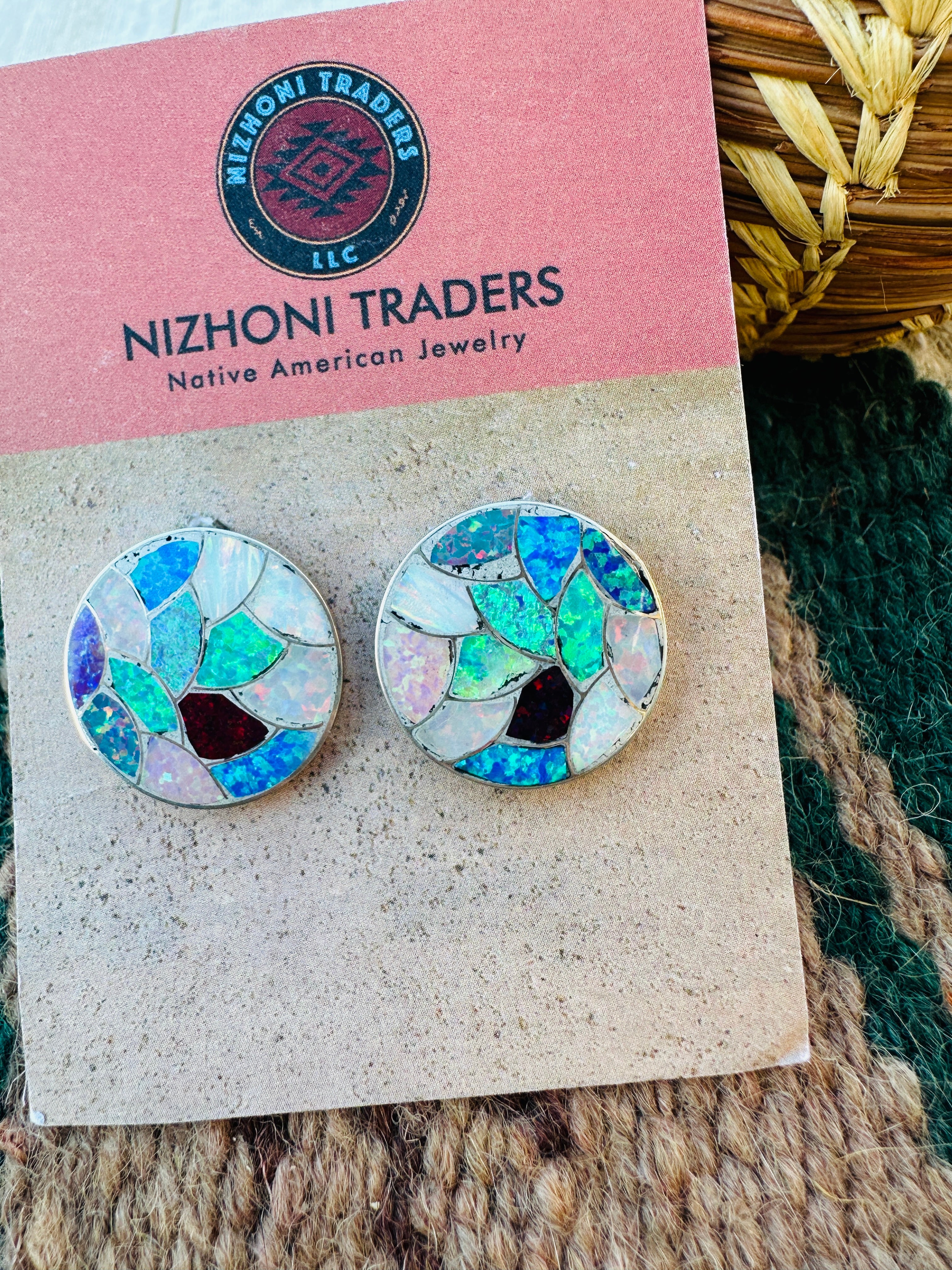 Handcrafted Old Pawn Sterling Silver & Multicolor Opal Inlay Post Earrings